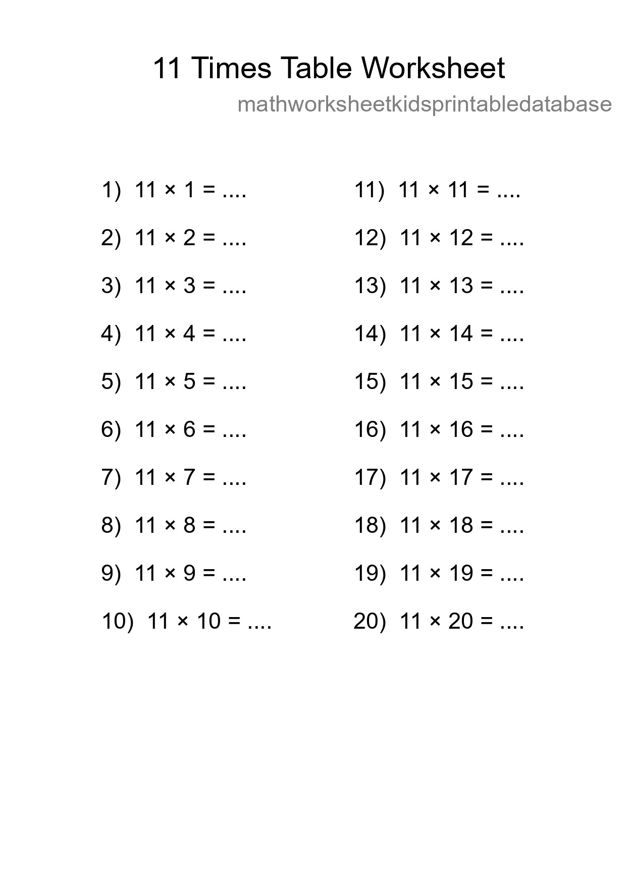 11 Times Table Worksheet For Grade 4 - Part 174