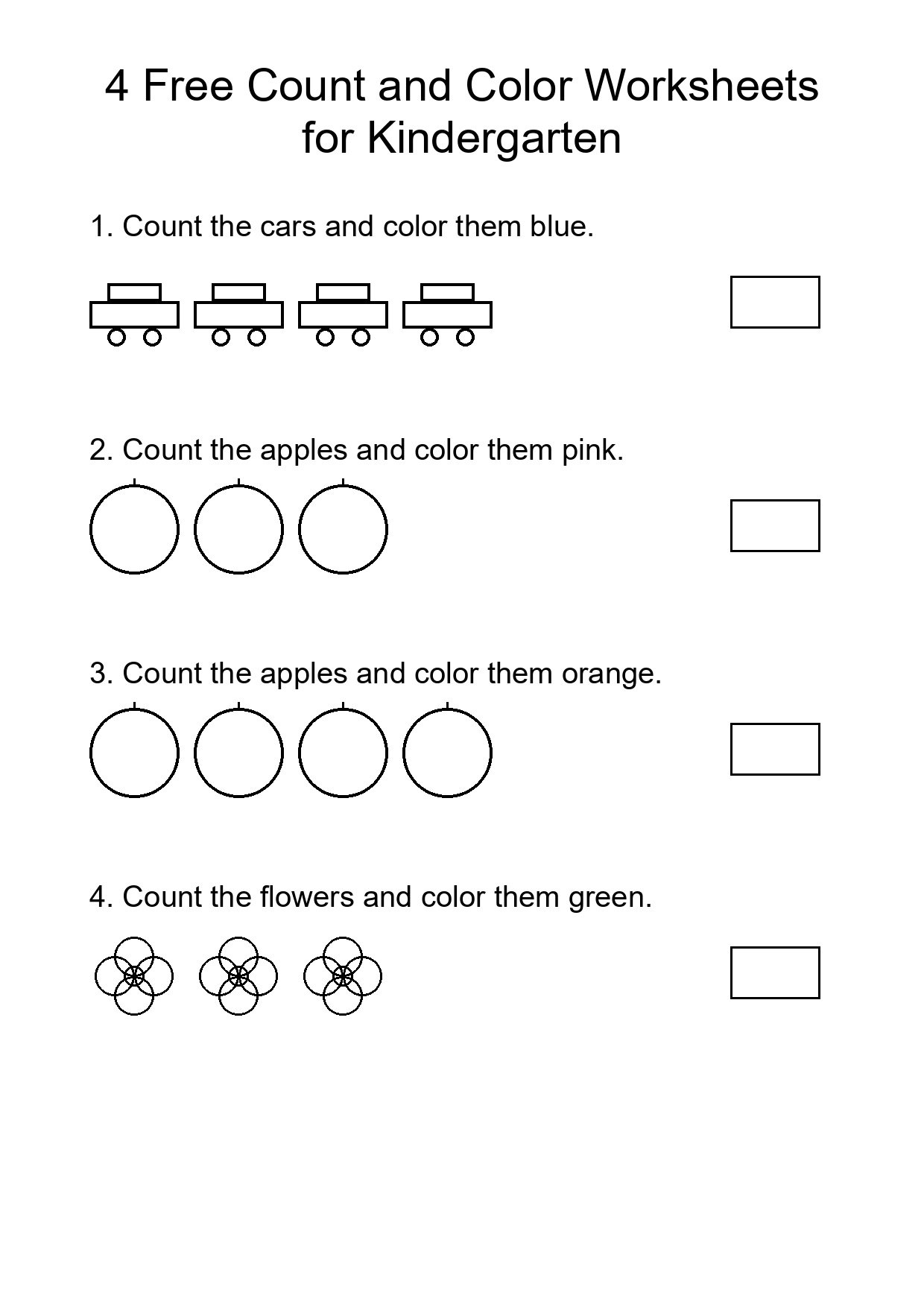 4 Free Count and Color Worksheets for Kindergarten