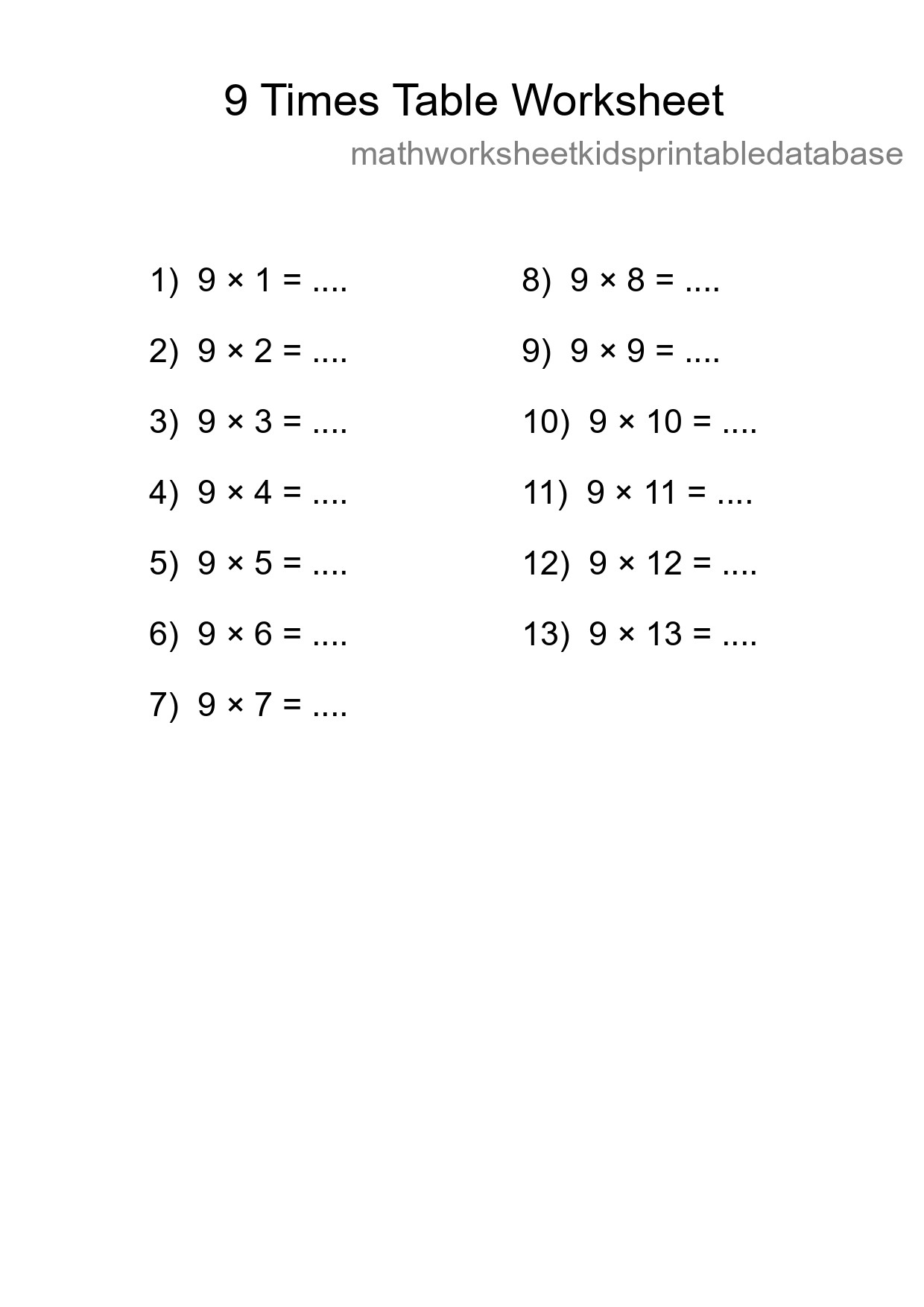 9 Times Table Worksheet For Grade 3 With Answers - Part 31