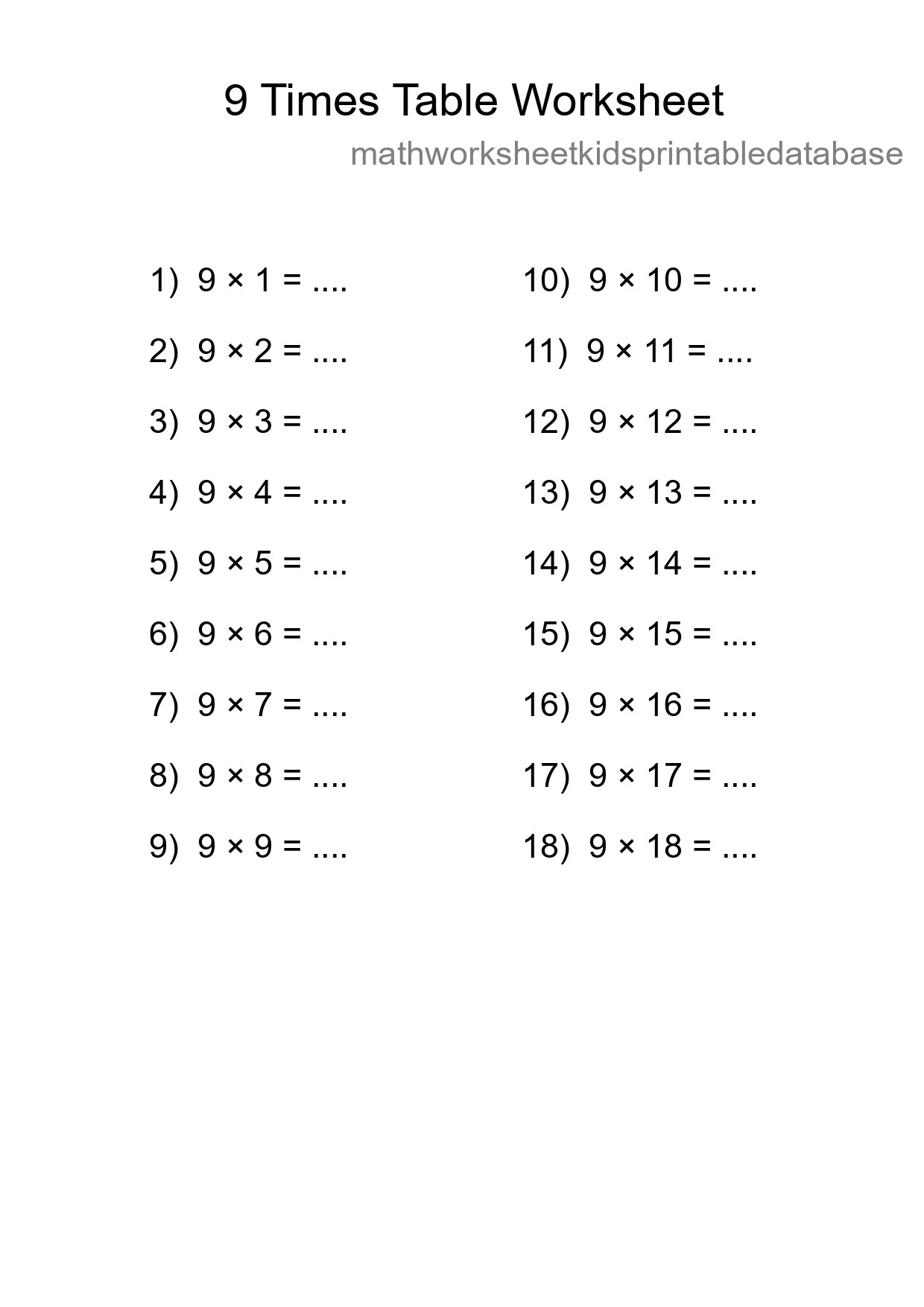 9 Times Table Worksheet For Grade 3 With Answers - Part 97