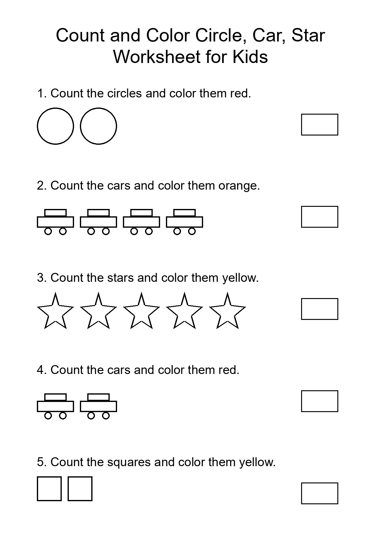 Count and Color Circle, Car, Star Worksheet for Kids