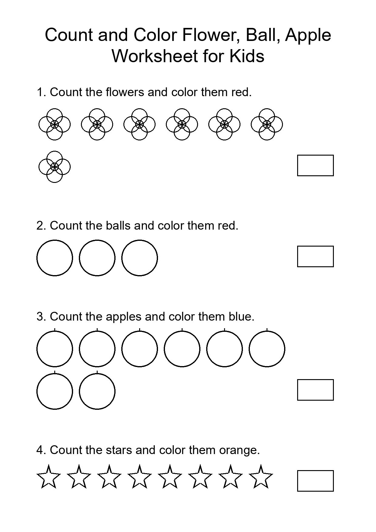 Count and Color Flower, Ball, Apple Worksheet for Kids