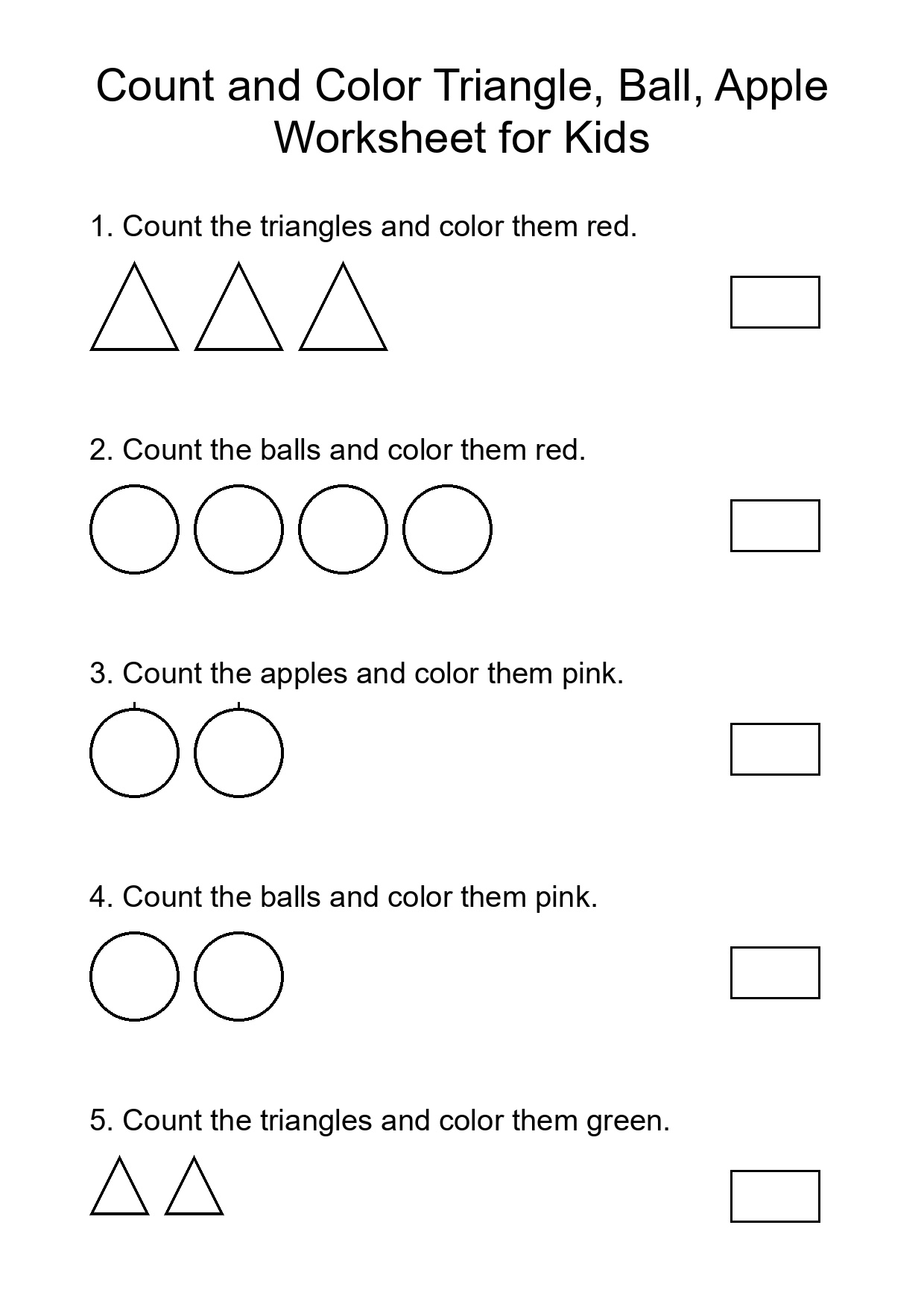 Count and Color Triangle, Ball, Apple Worksheet for Kids