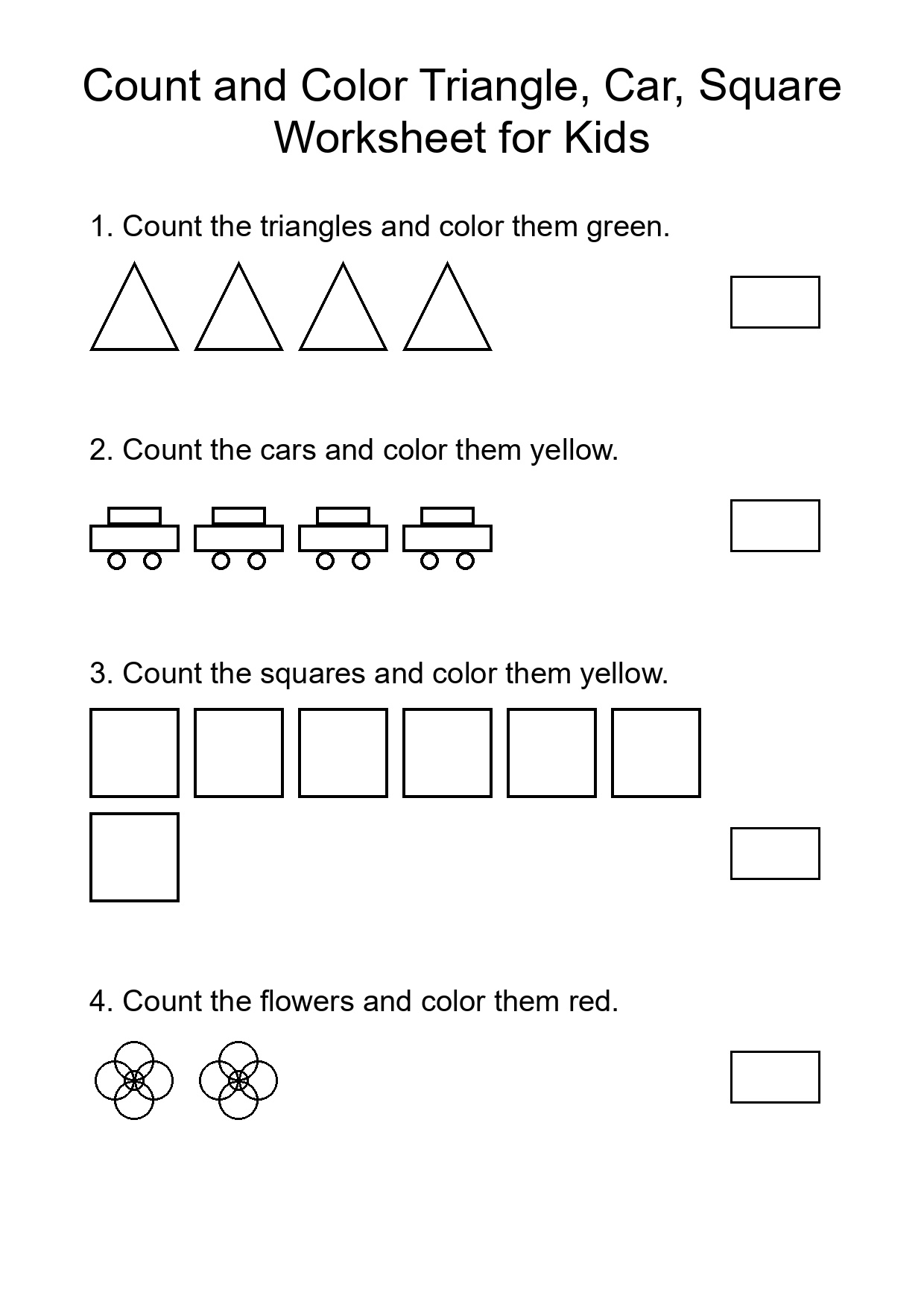 Count and Color Triangle, Car, Square Worksheet for Kids