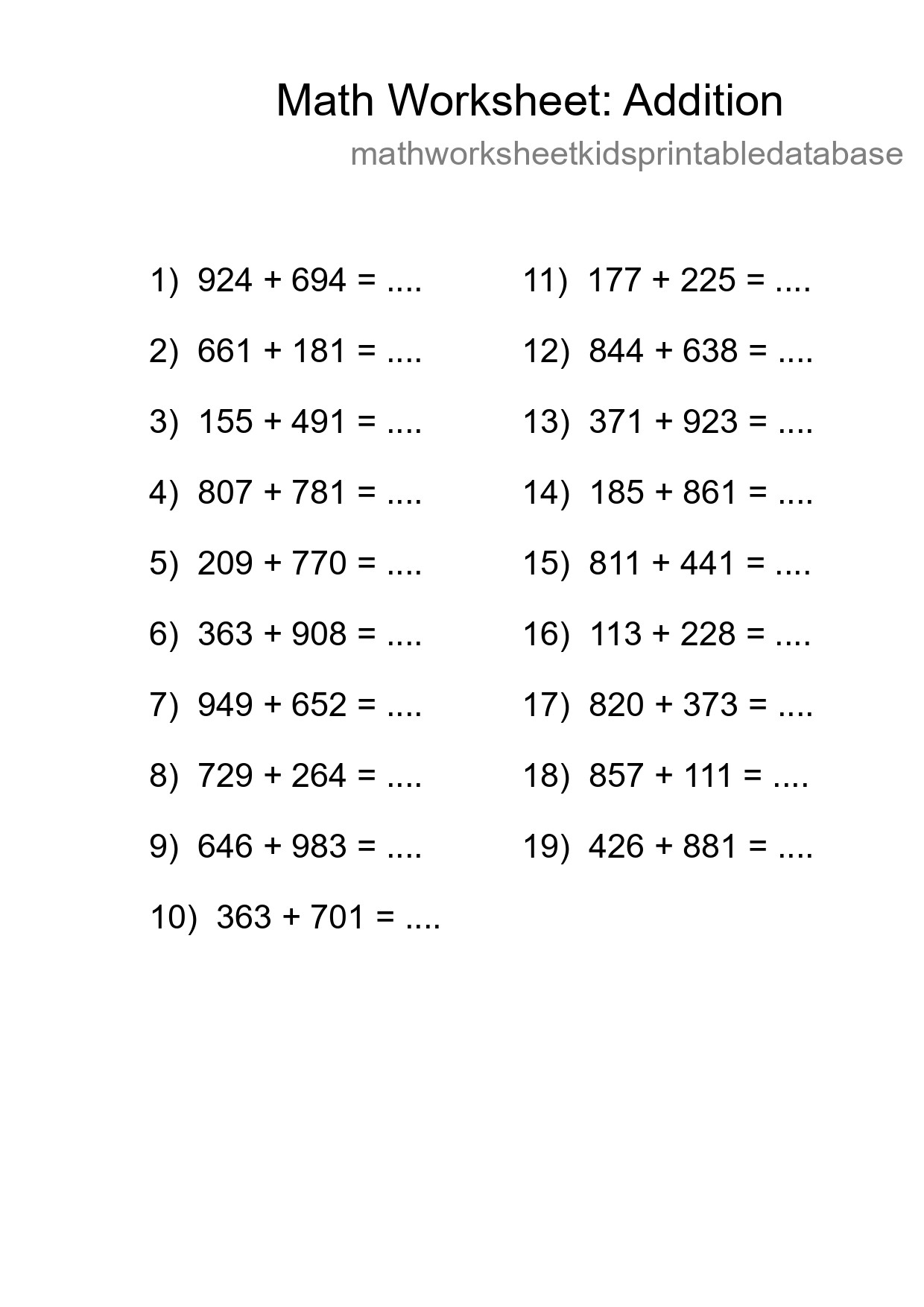 Free 19 Addition Math Worksheet For Grade 5