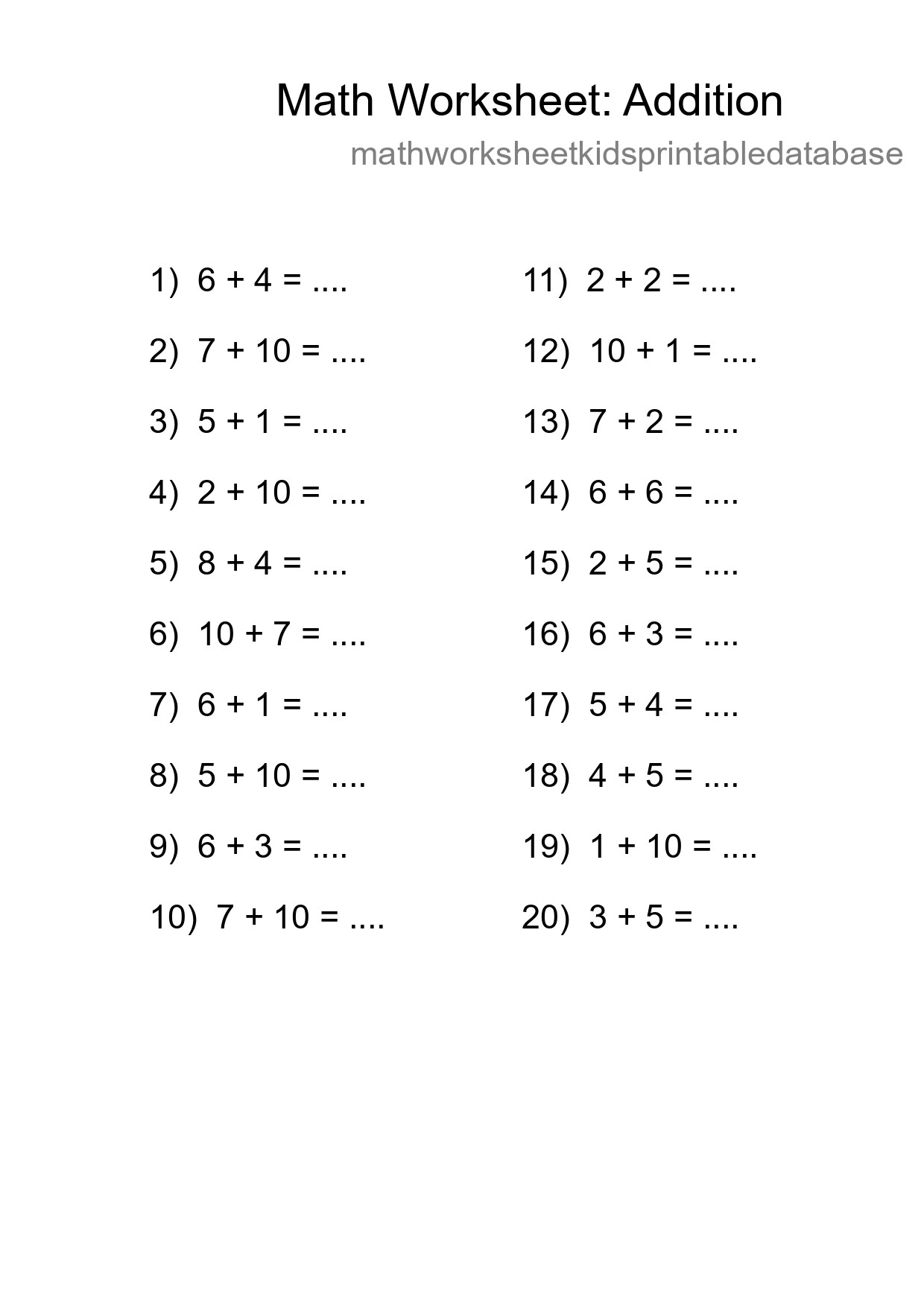Free 20 Addition Math Worksheet For Grade 1 - Part 100