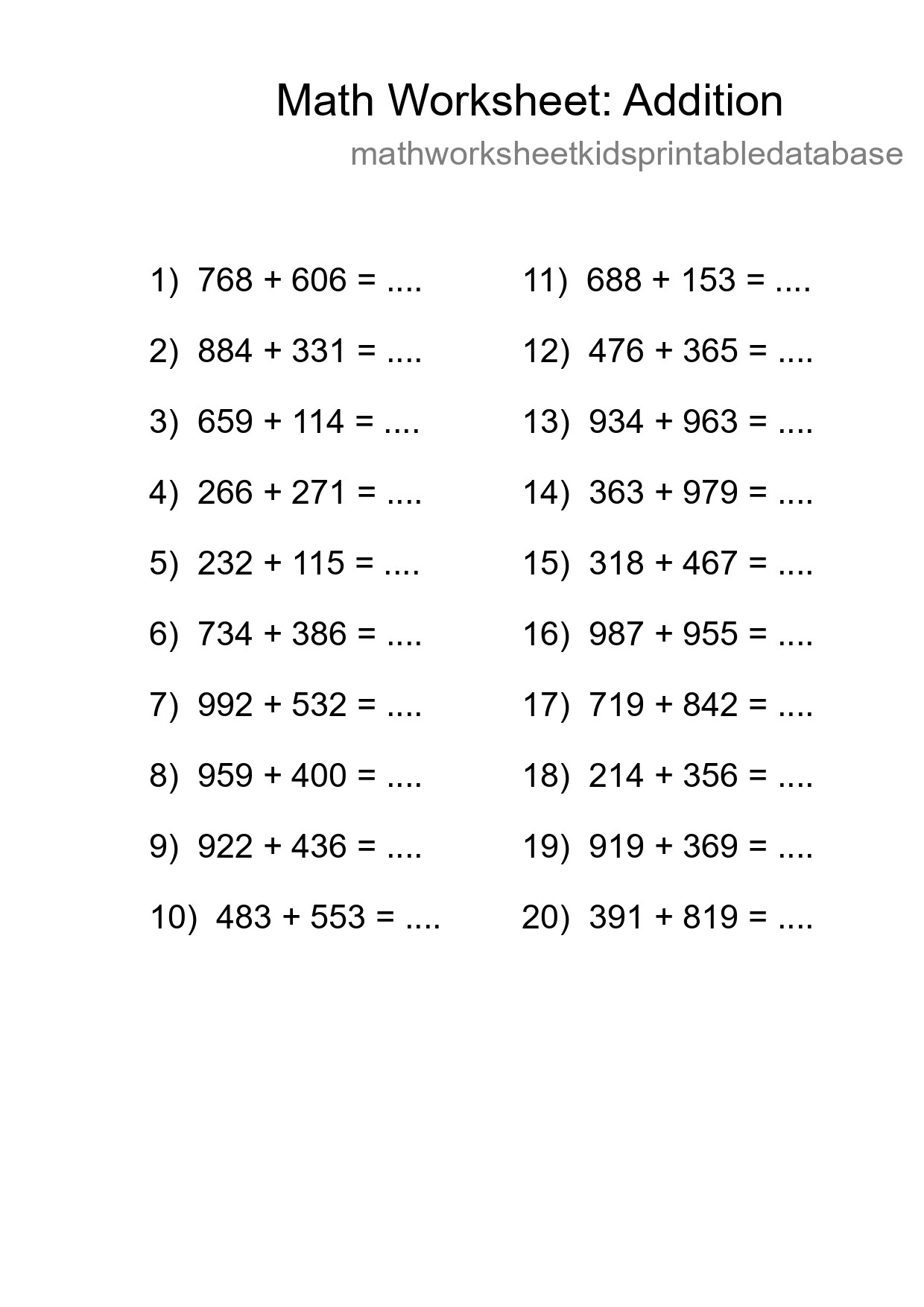 Free 20 Addition Math Worksheet For Grade 5 With Answers - Part 155