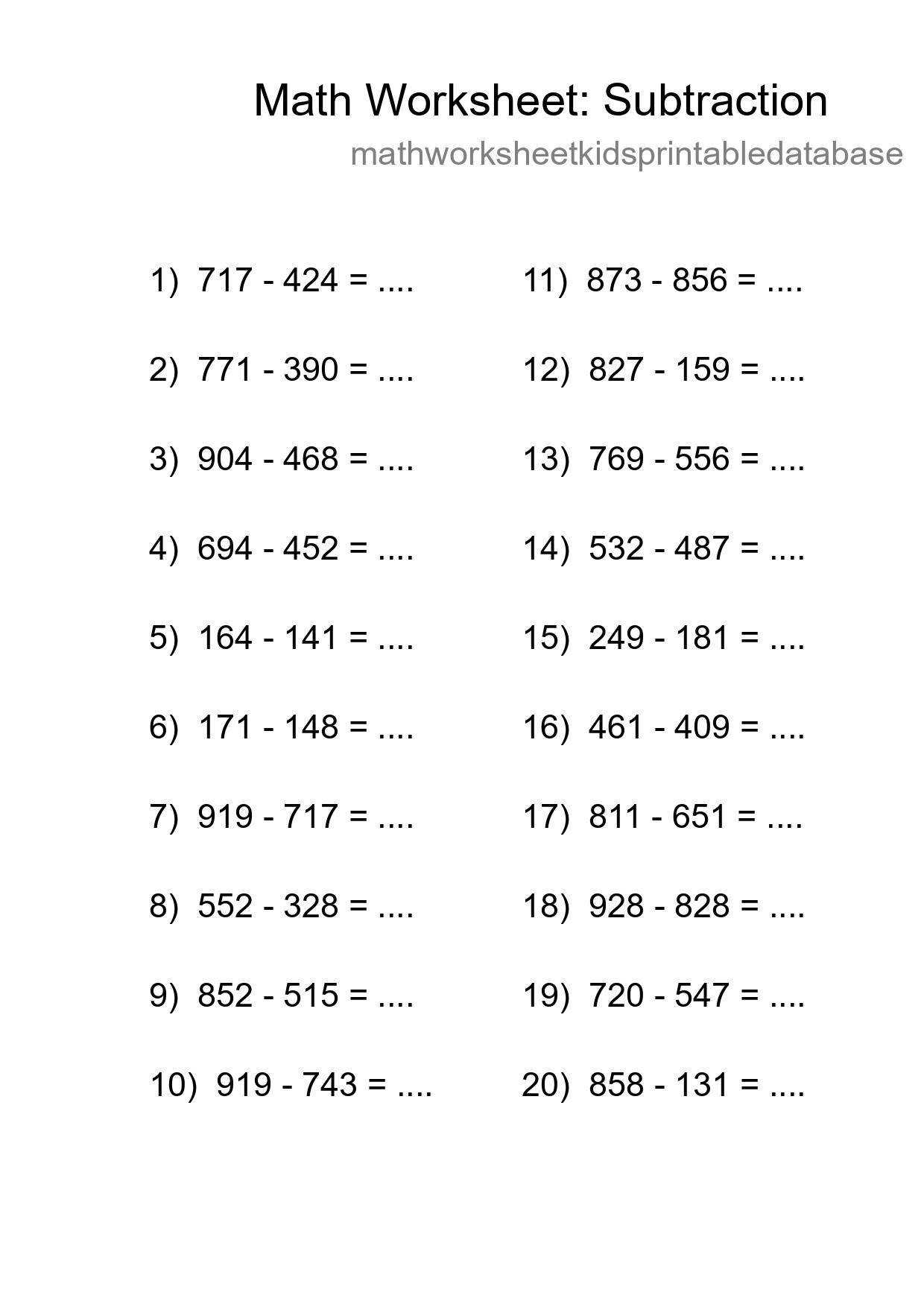 Free 20 Subtraction Math Worksheet For Grade 5 - Part 217