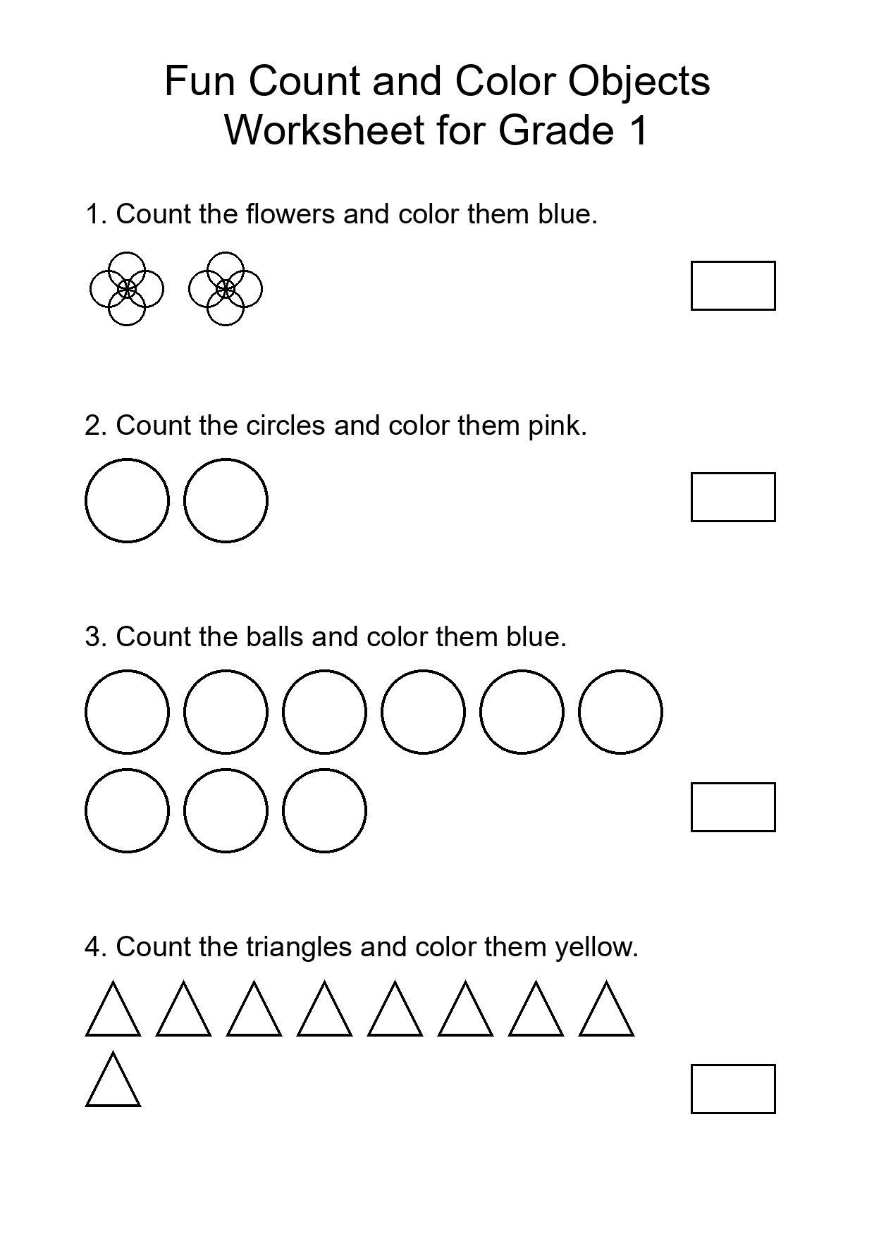 Fun Count and Color Objects Worksheet for Grade 1