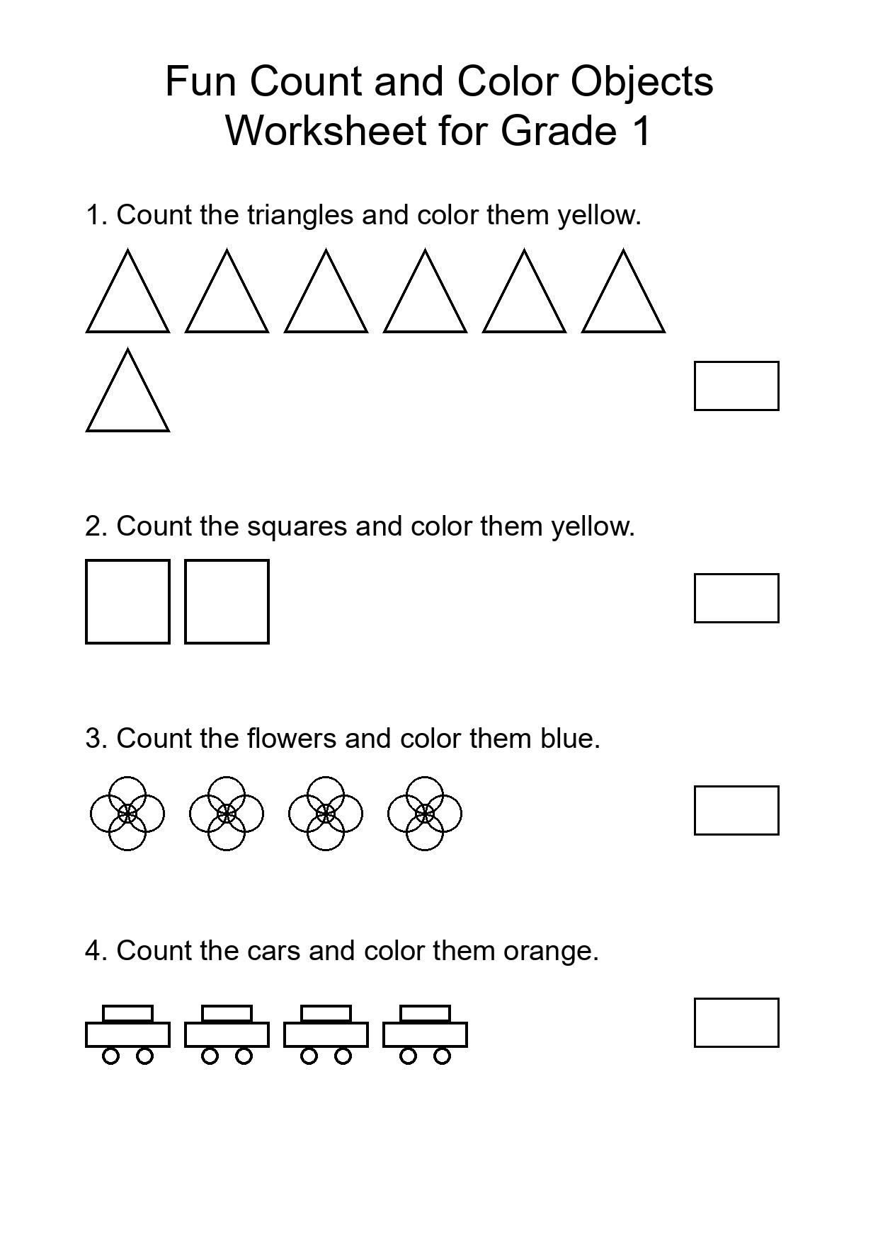 Fun Count and Color Objects Worksheet for Grade 1