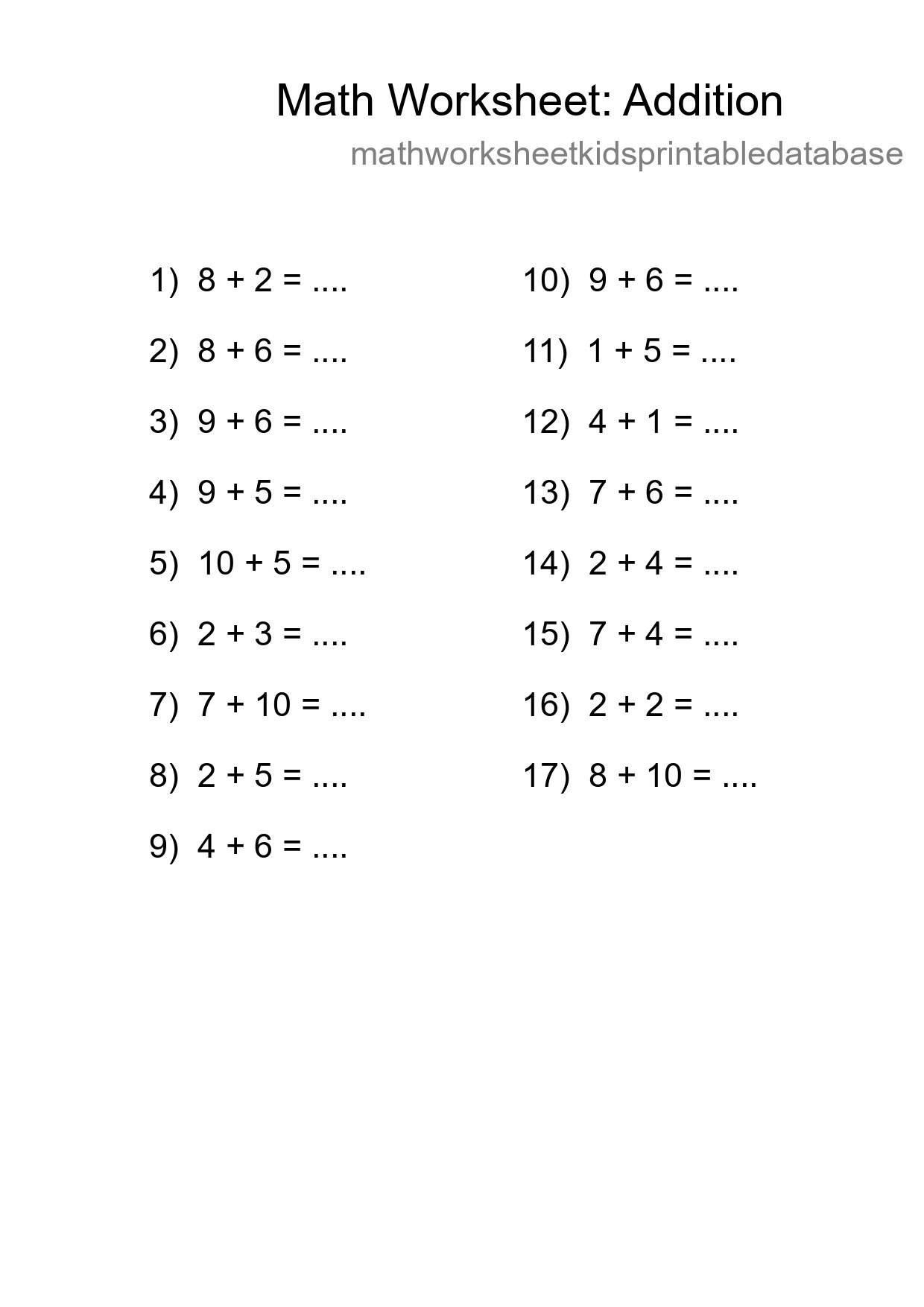 Grade 1 Addition Practice Worksheet (17 Problems) - Part 144