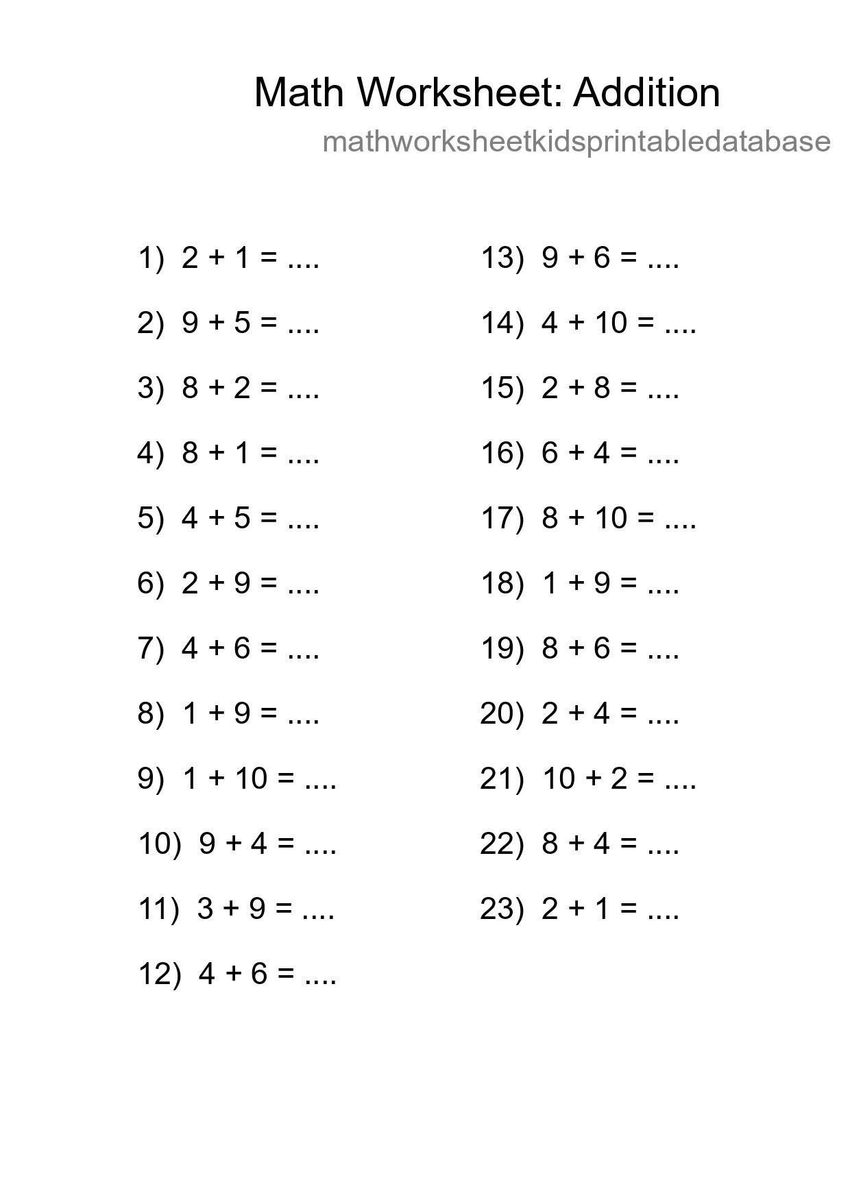 Grade 1 Addition Practice Worksheet (23 Problems) - Part 188