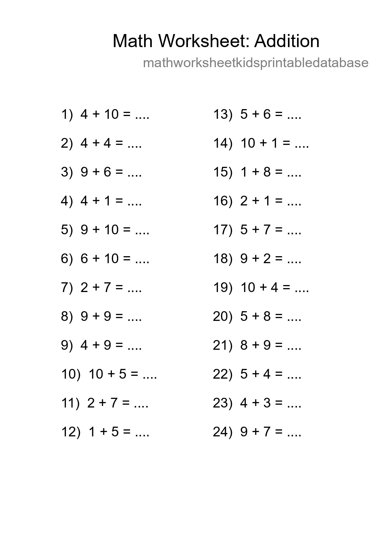 Grade 1 Addition Practice Worksheet (24 Problems) - Part 177