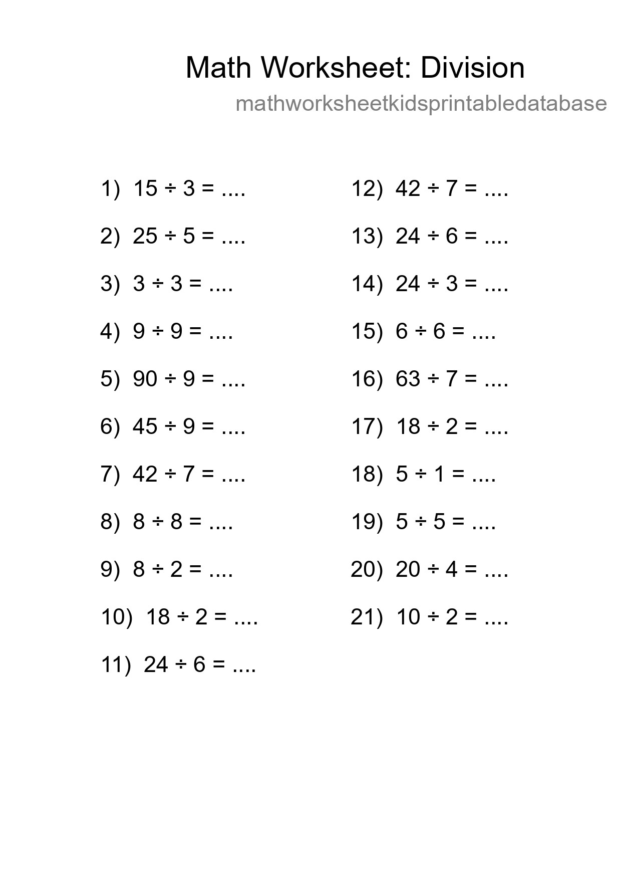 Grade 1 Division Practice Worksheet (21 Problems) - Part 235