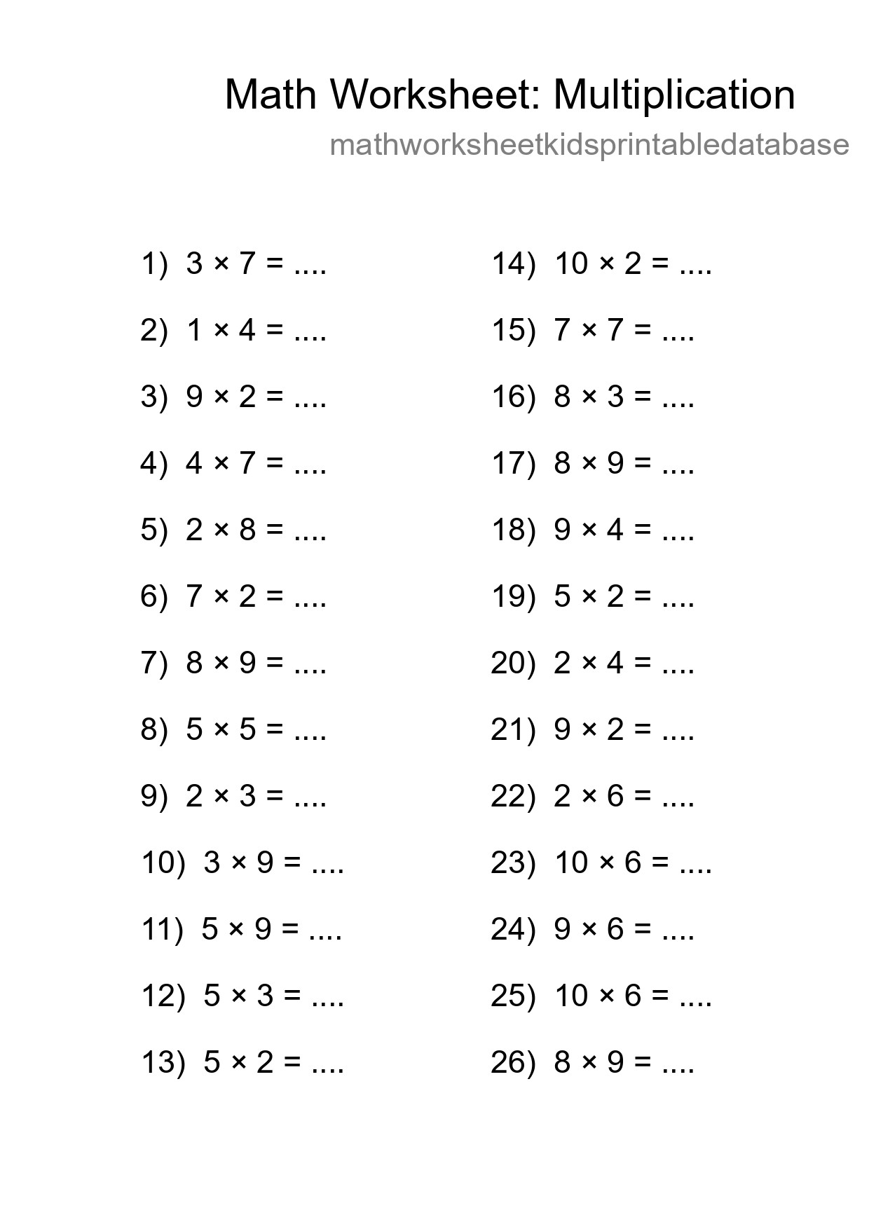 Grade 1 Multiplication Practice Worksheet (26 Problems) - Part 18