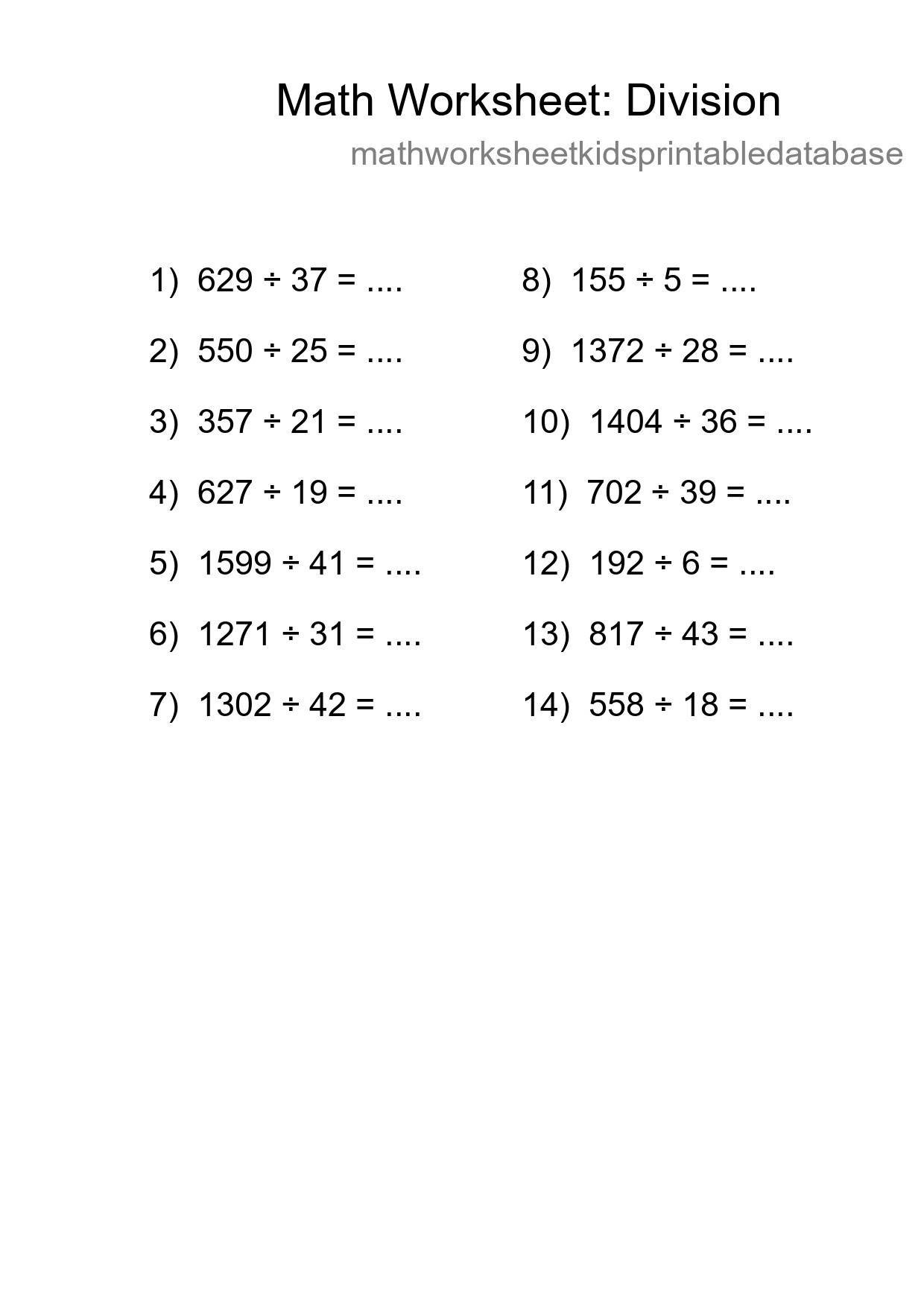 Grade 2 Division Practice Worksheet (14 Problems) - Part 70