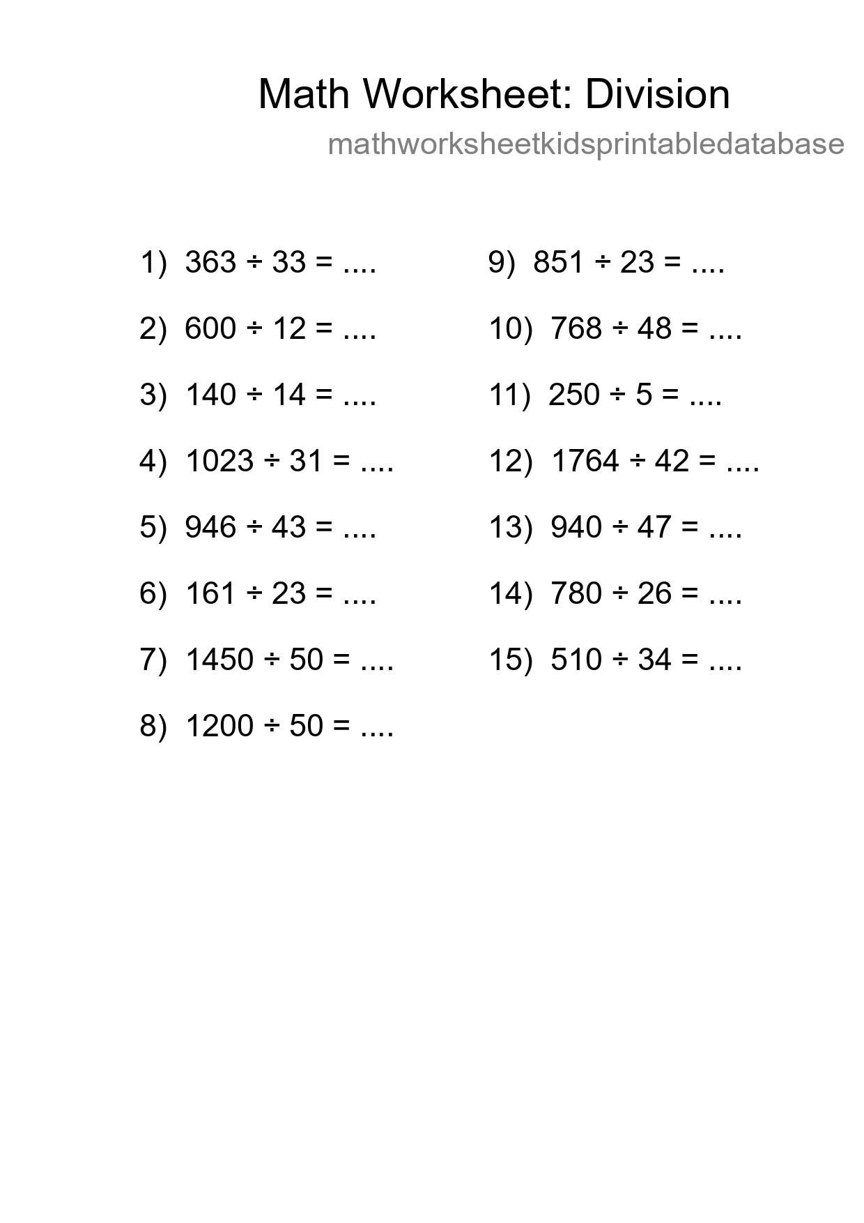 Grade 2 Division Practice Worksheet (15 Problems) - Part 224