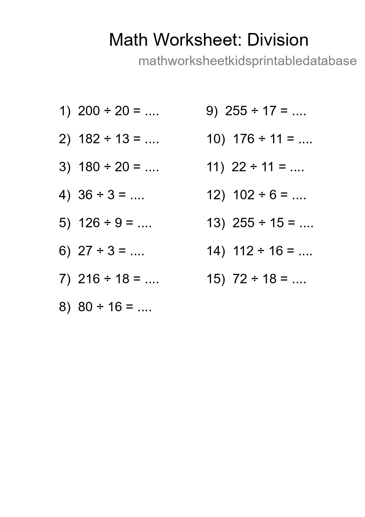 Grade 2 Division Practice Worksheet (15 Problems) - Part 26