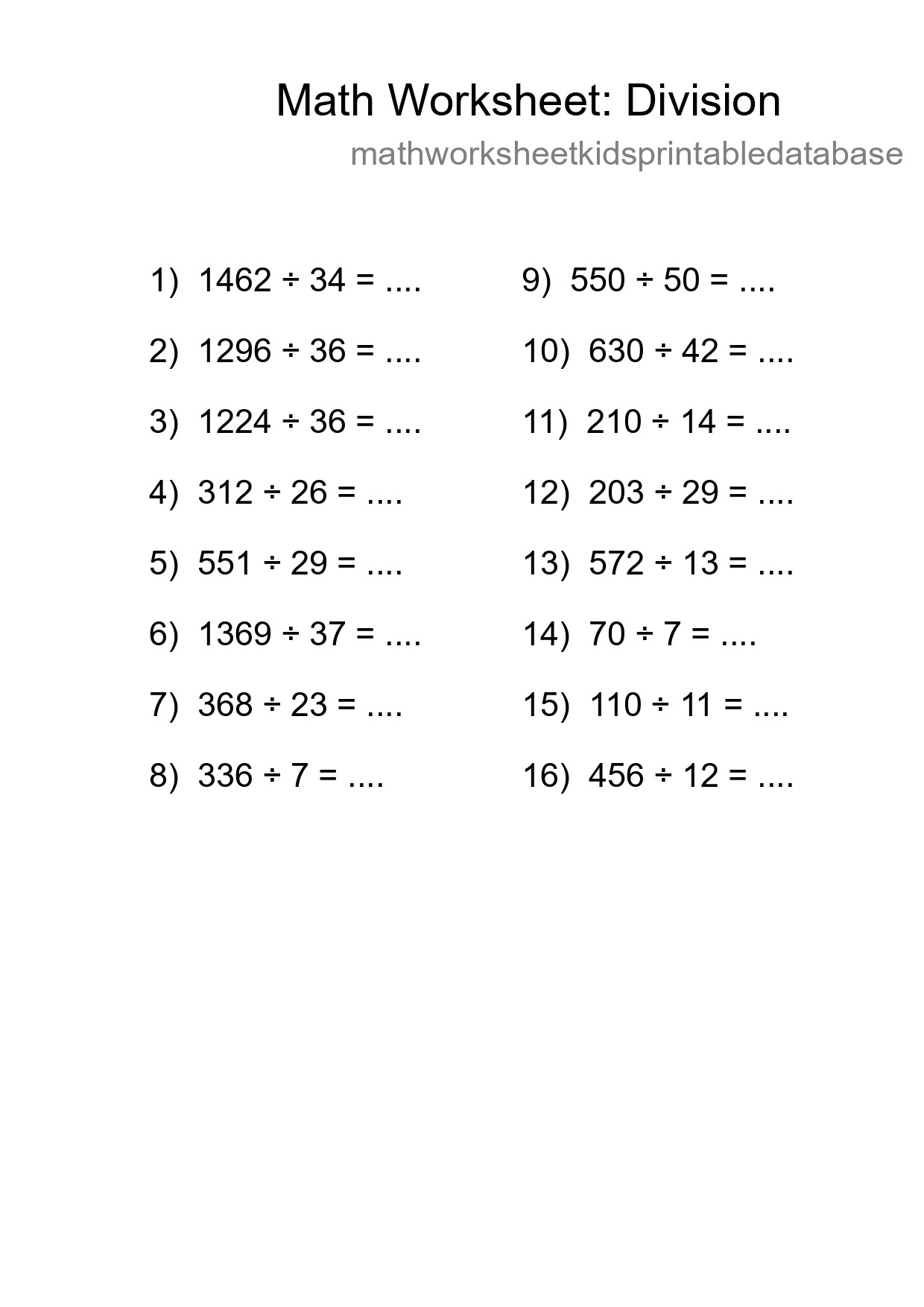 Grade 2 Division Practice Worksheet (16 Problems) - Part 136