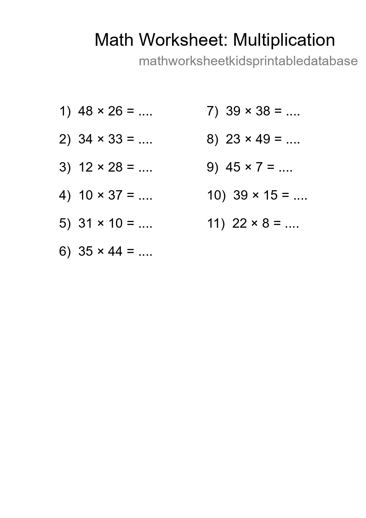 Grade 2 Multiplication Practice Worksheet (11 Problems) - Part 128