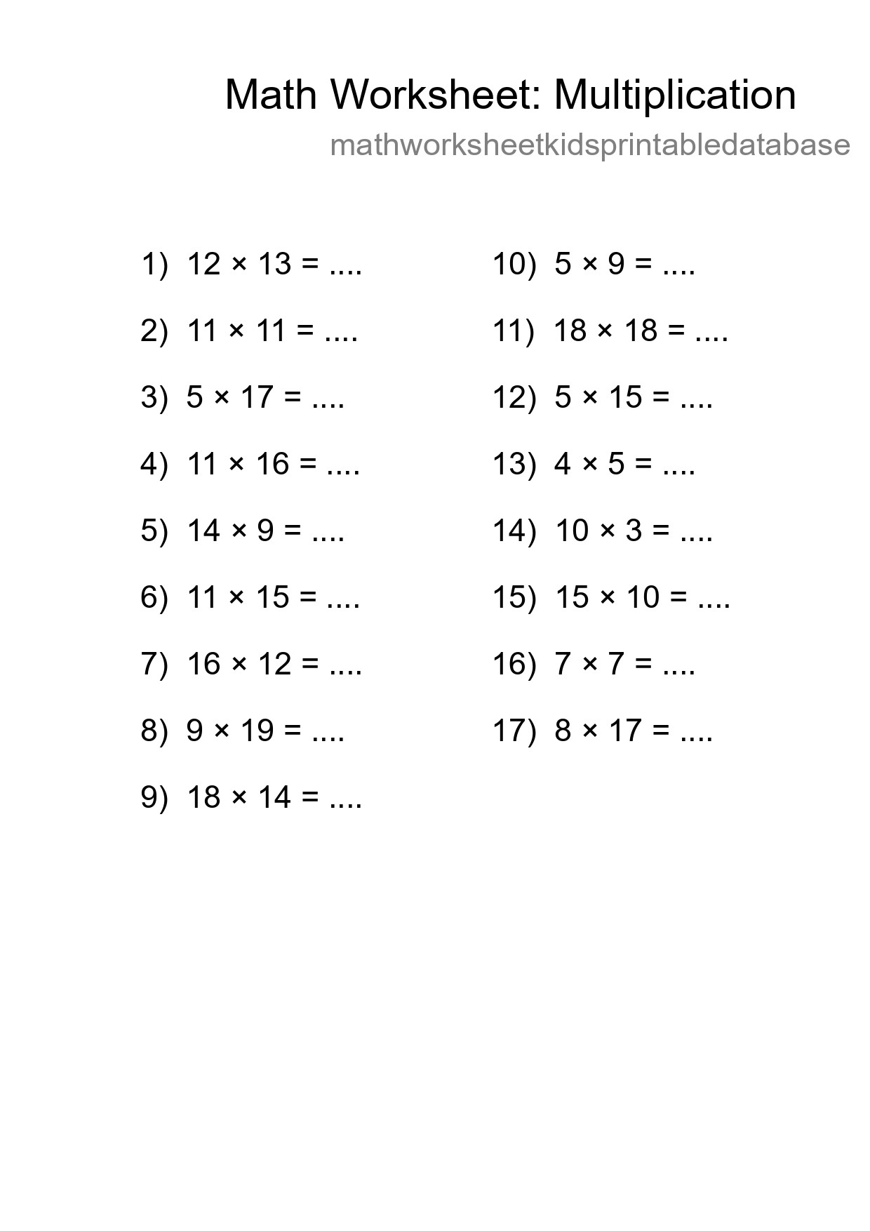 Grade 2 Multiplication Practice Worksheet (17 Problems) - Part 216