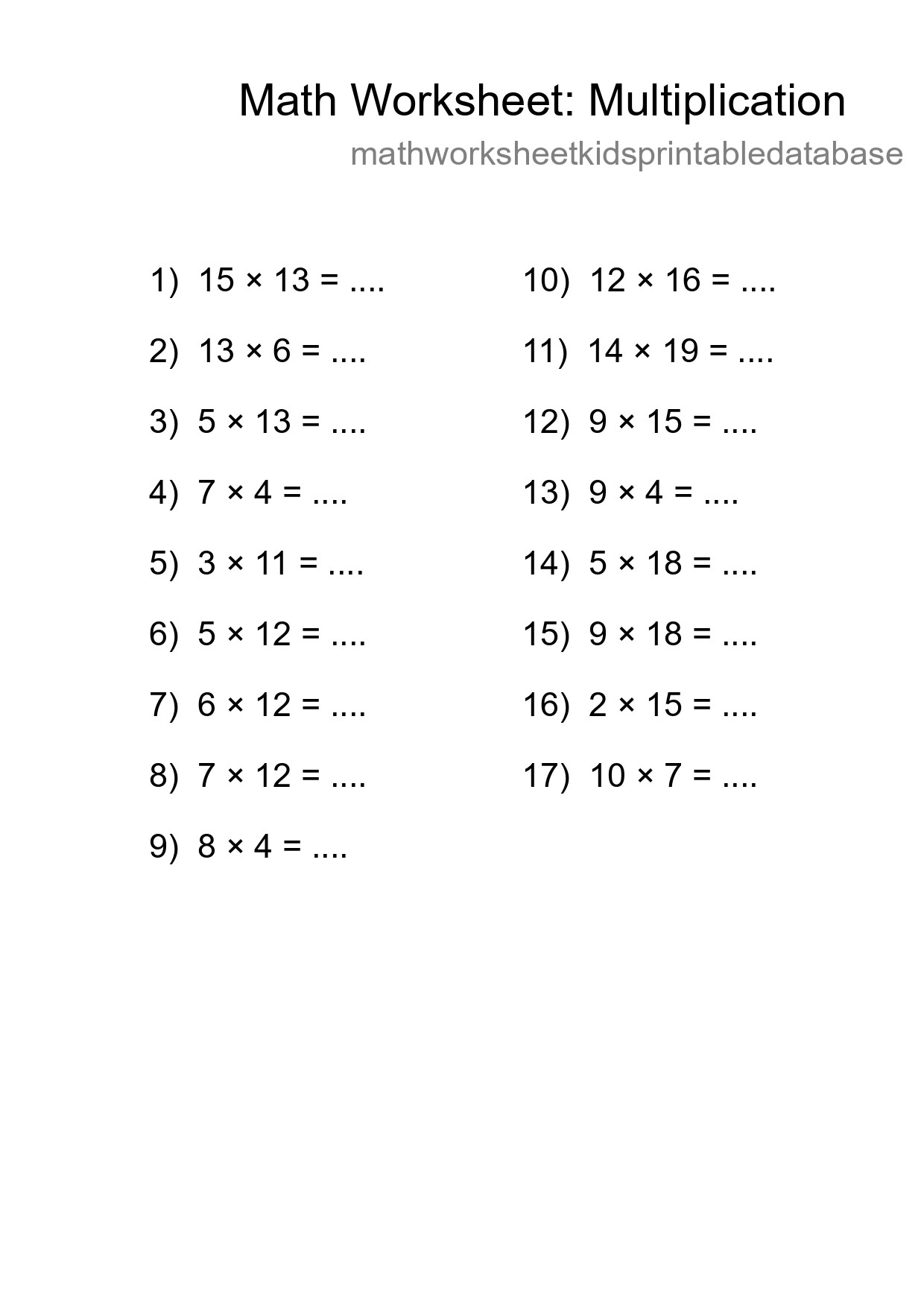 Grade 2 Multiplication Practice Worksheet (17 Problems) - Part 249