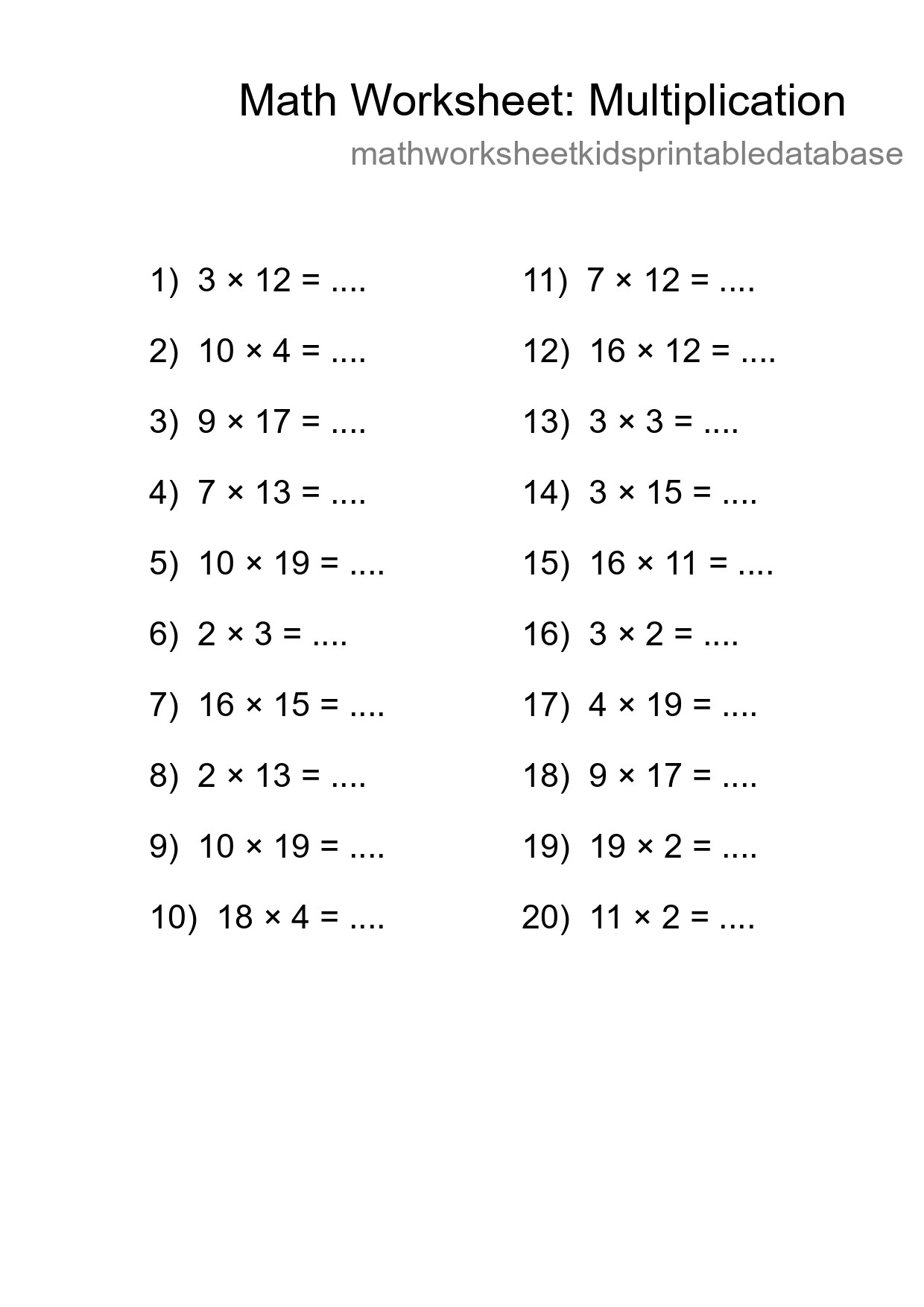 Grade 2 Multiplication Practice Worksheet (20 Problems) - Part 150