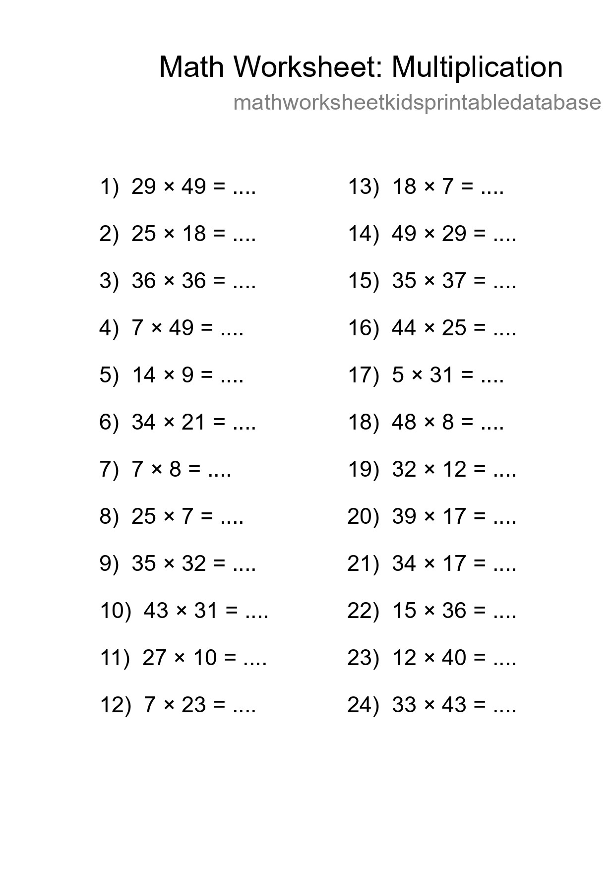 Grade 2 Multiplication Practice Worksheet (24 Problems) - Part 95