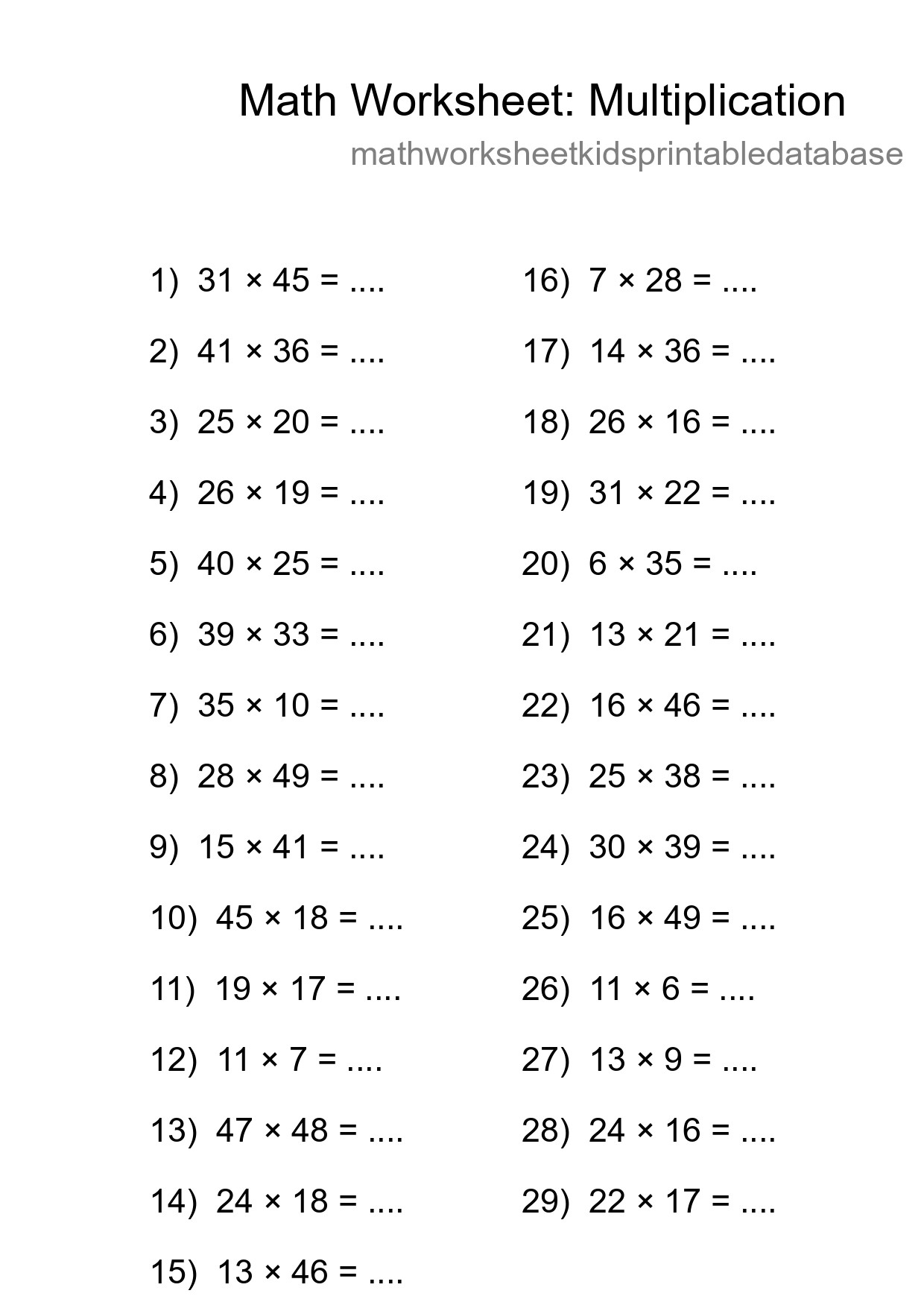 Grade 2 Multiplication Practice Worksheet (29 Problems) - Part 227