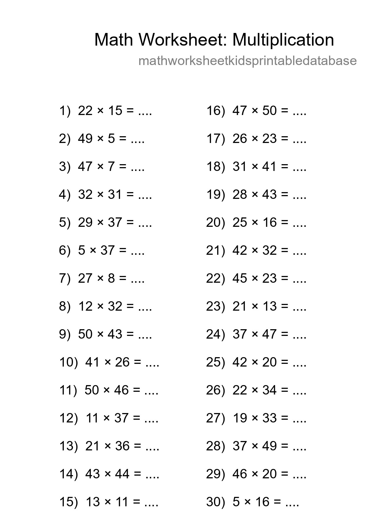 Grade 2 Multiplication Practice Worksheet (30 Problems) - Part 106