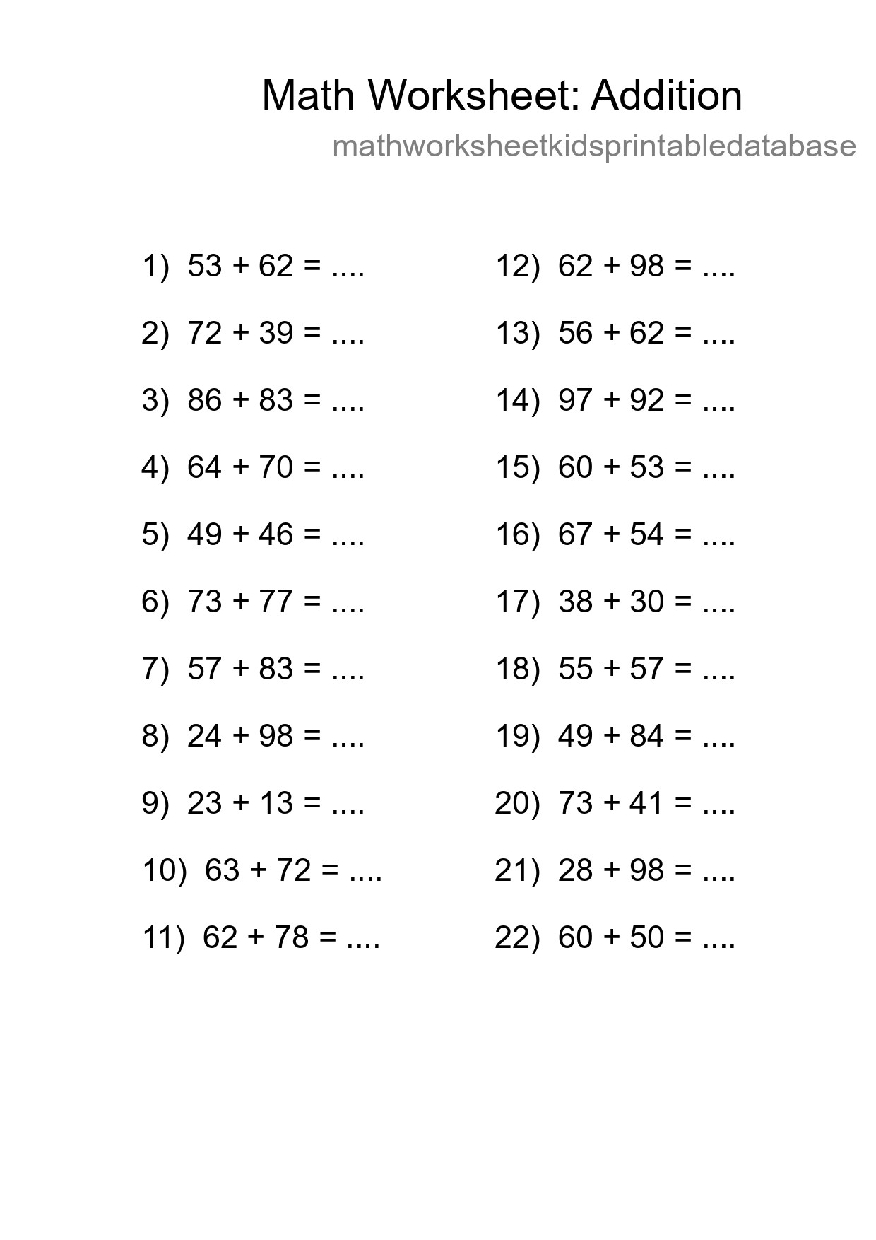 Grade 3 Addition Practice Worksheet (22 Problems) - Part 199
