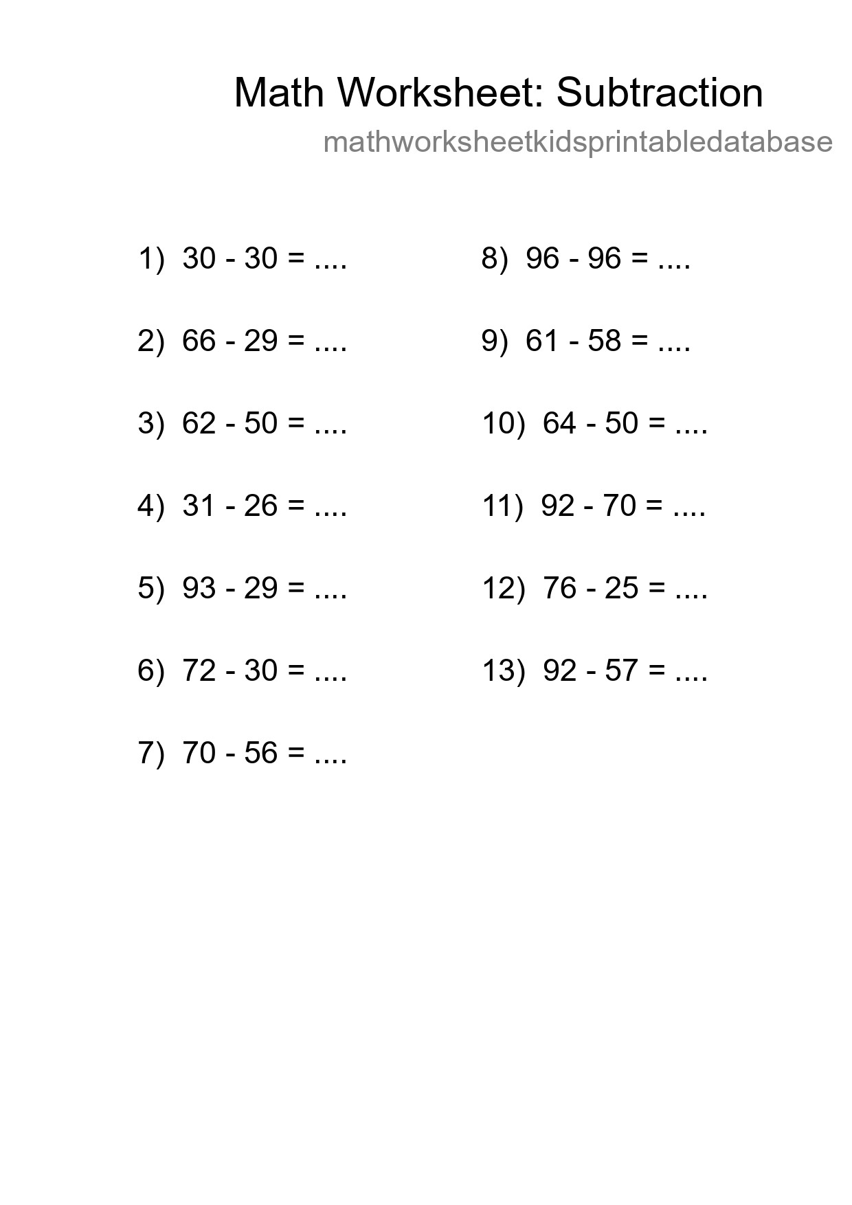 Grade 3 Subtraction Practice Worksheet (13 Problems) - Part 96
