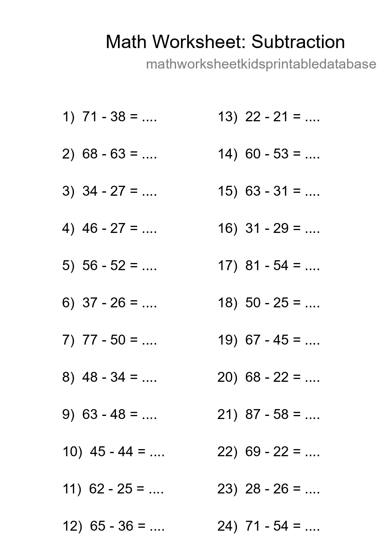 Grade 3 Subtraction Practice Worksheet (24 Problems) - Part 8