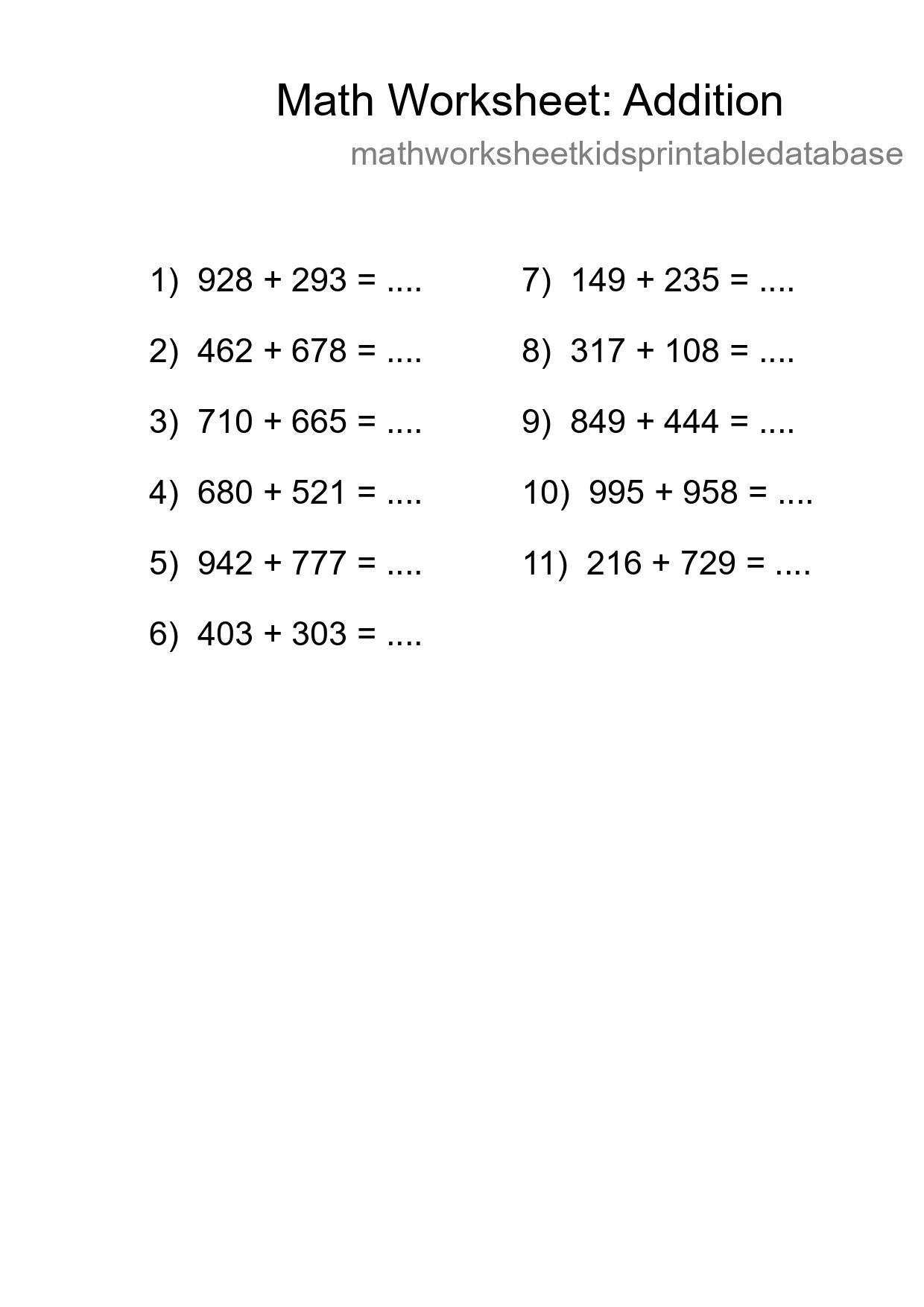 Grade 5 Addition Practice Worksheet (11 Problems) - Part 56