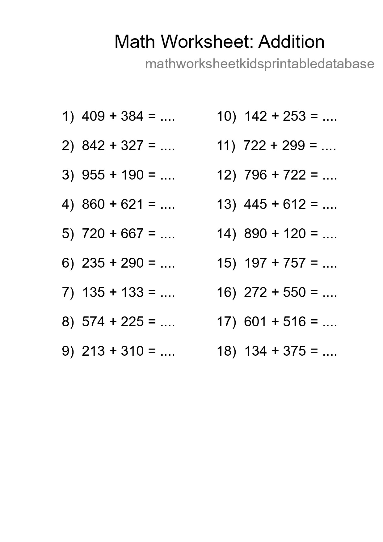 Grade 5 Addition Practice Worksheet (18 Problems) - Part 23