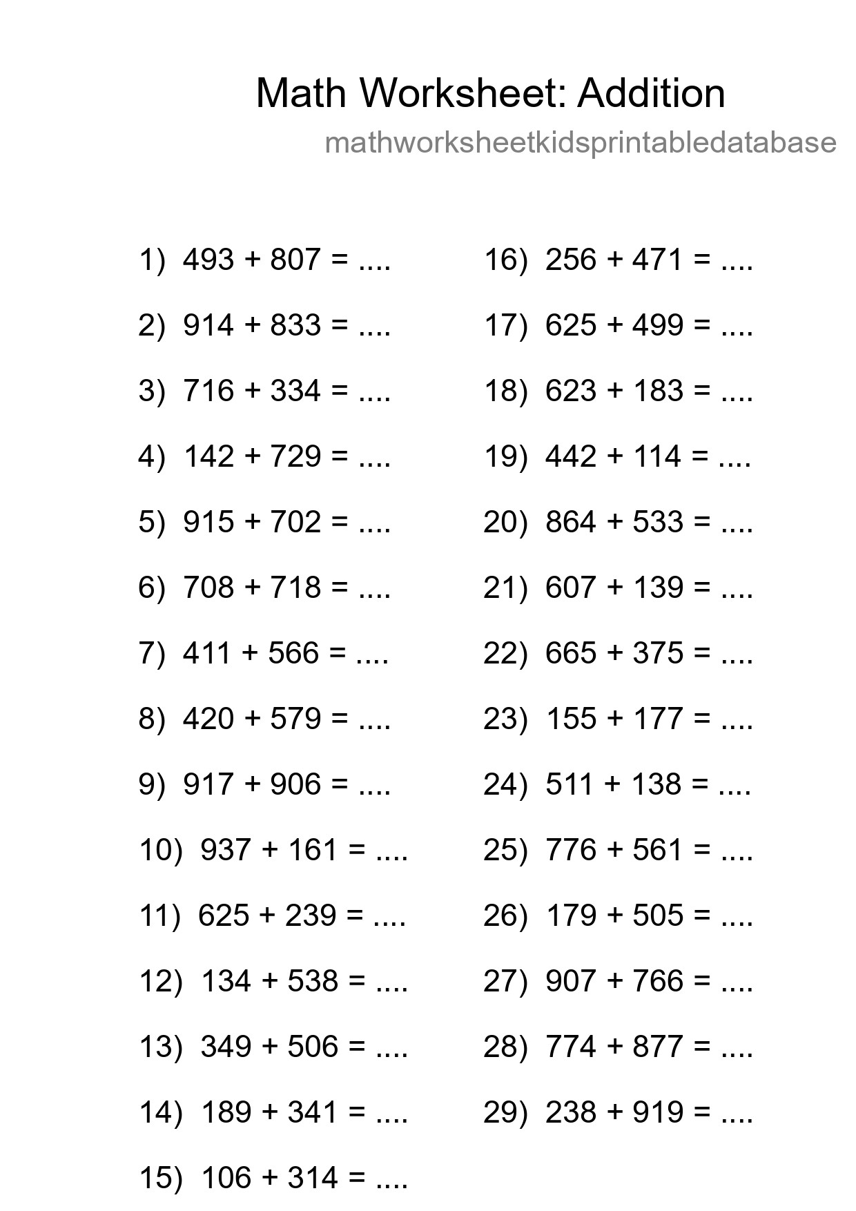 Grade 5 Addition Practice Worksheet (29 Problems) - Part 111