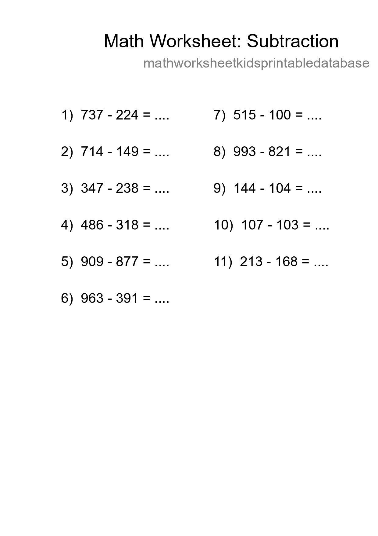 Grade 5 Subtraction Practice Worksheet (11 Problems) - Part 52