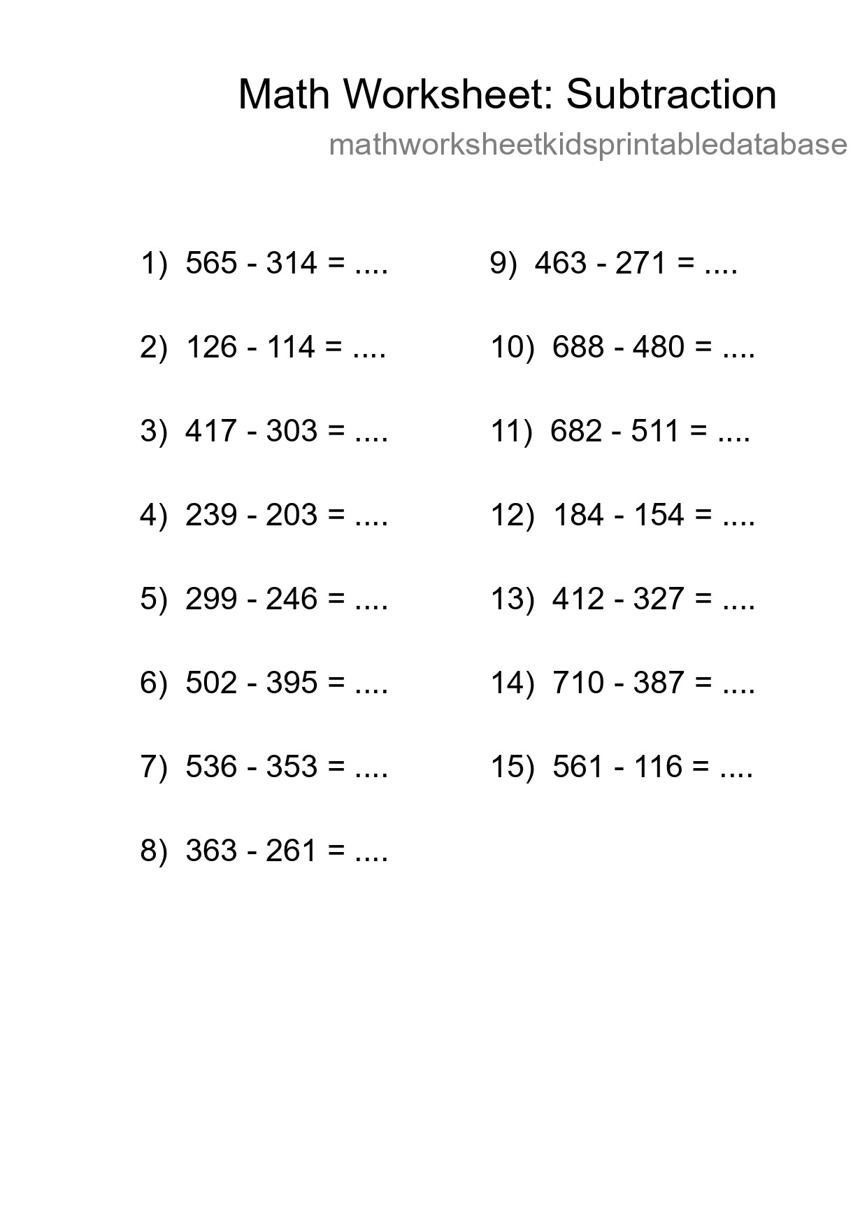 Grade 5 Subtraction Practice Worksheet (15 Problems) - Part 206