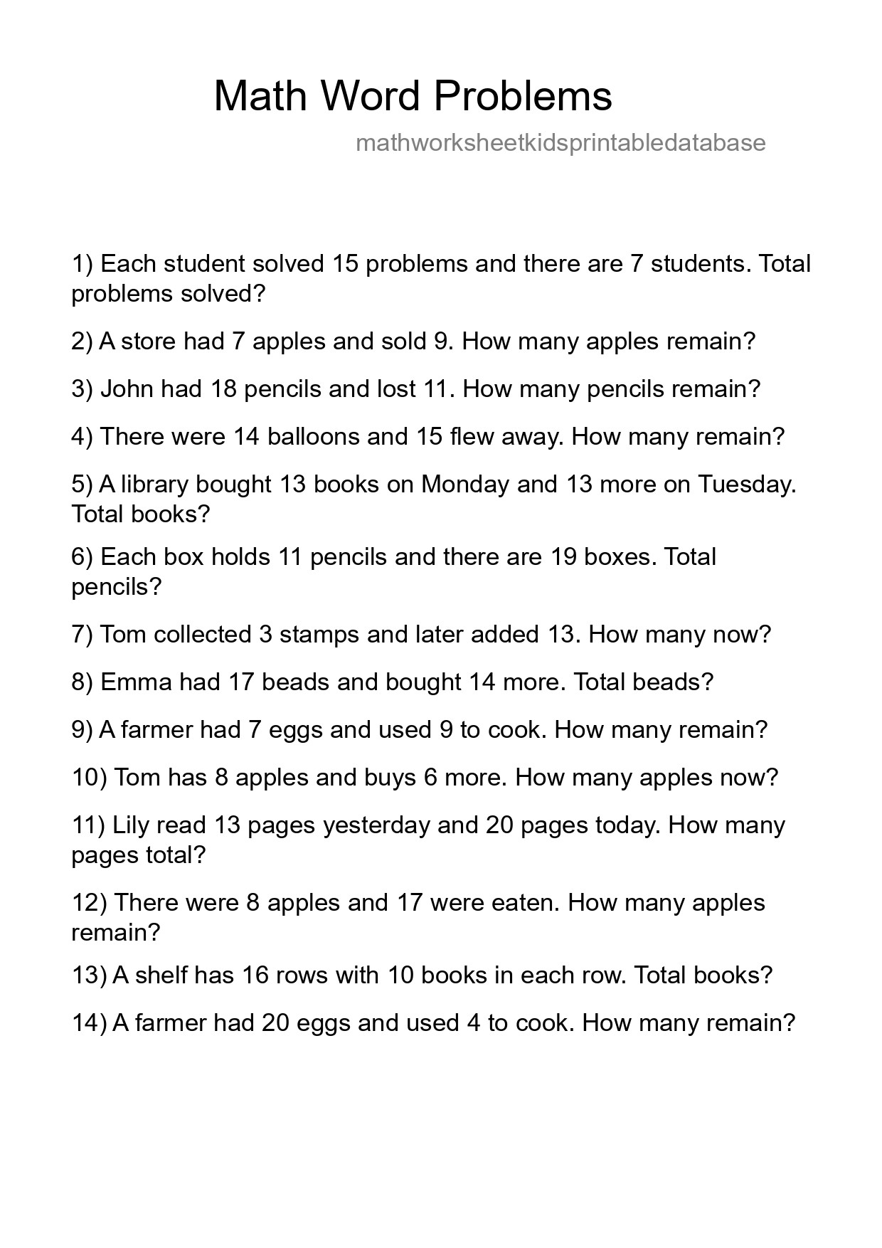 Math Word Problem Worksheet