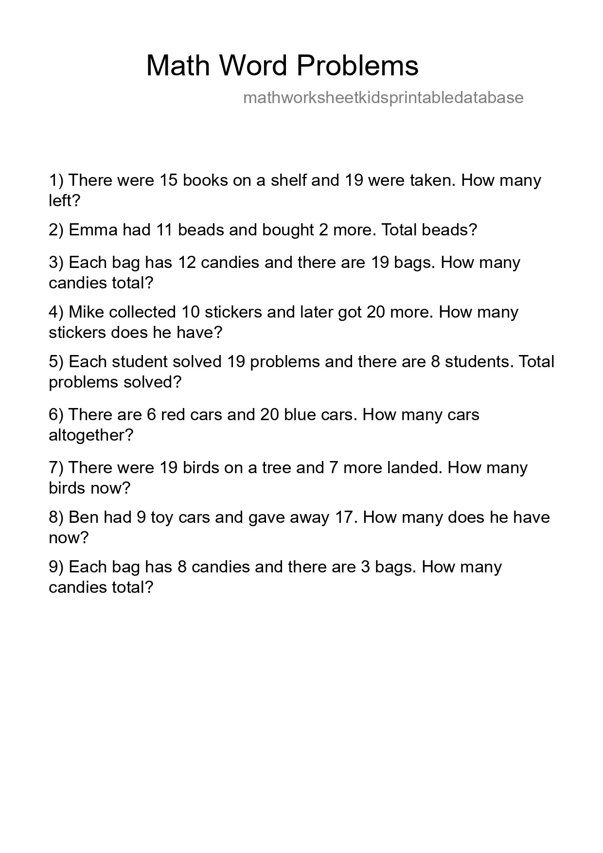 Math Word Problem Worksheet