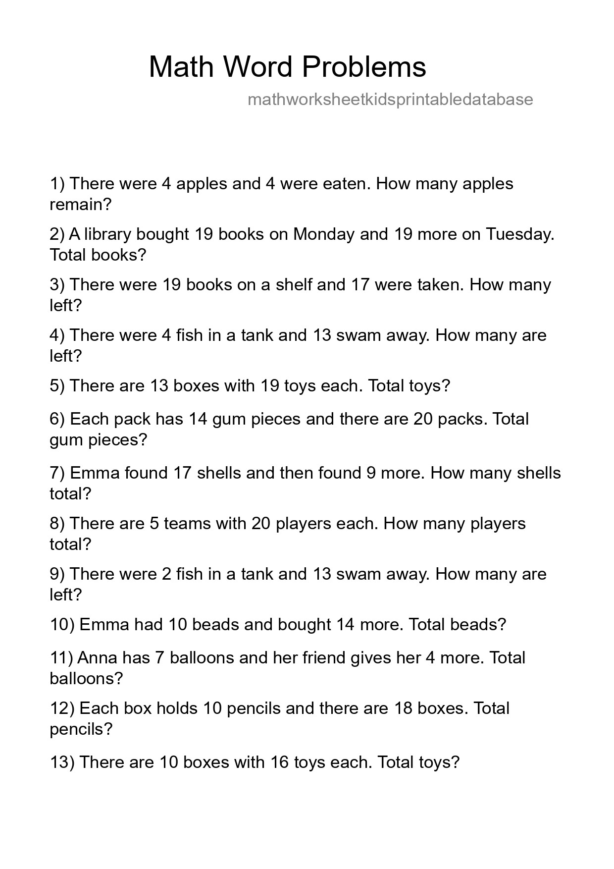 Math Word Problem Worksheet