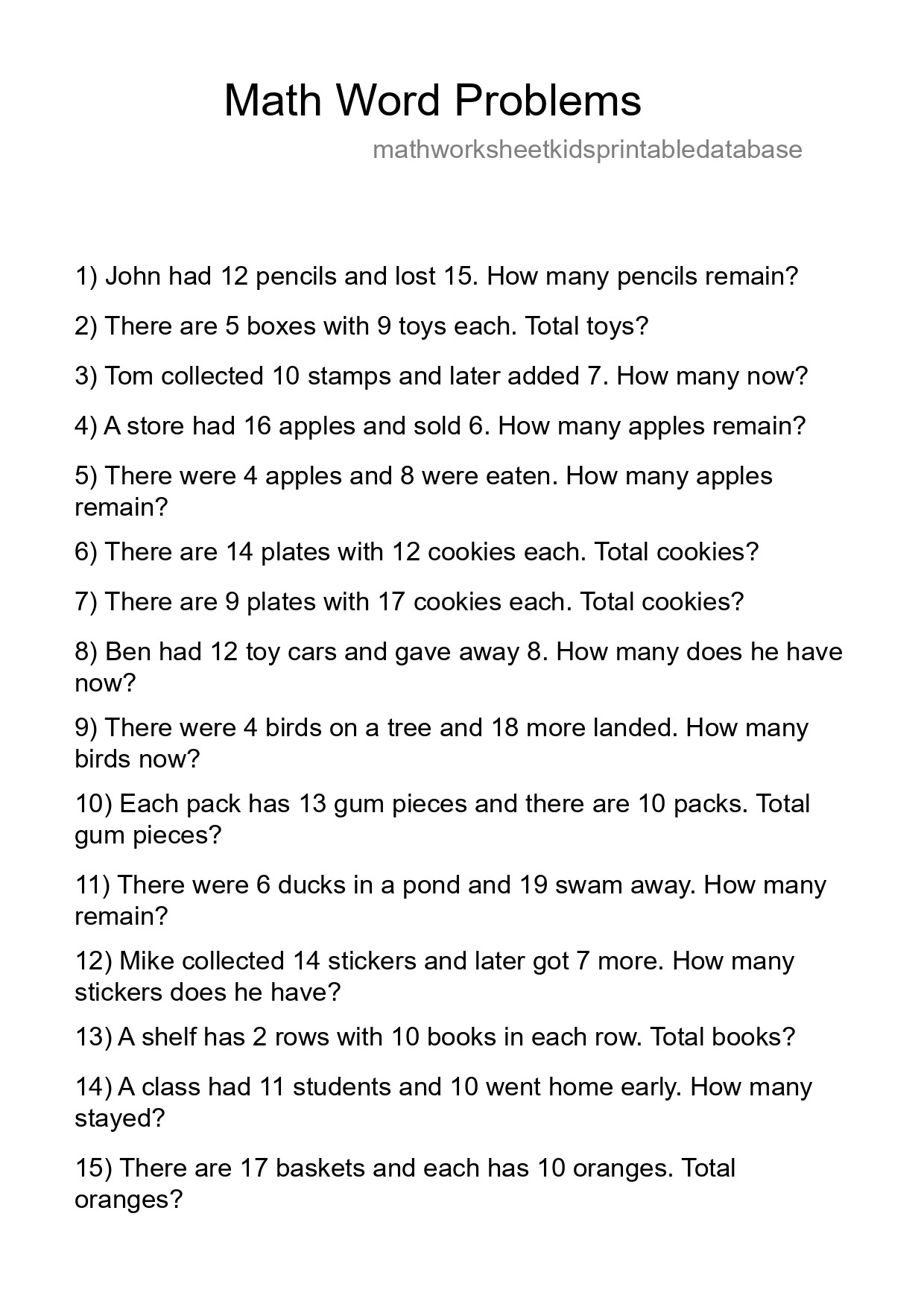 Math Word Problem Worksheet