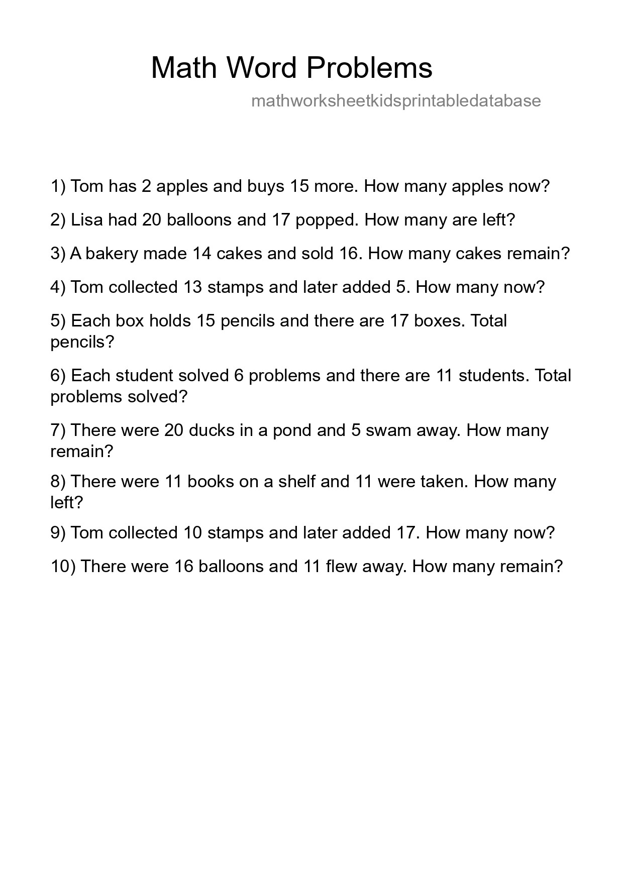Math Word Problem Worksheet