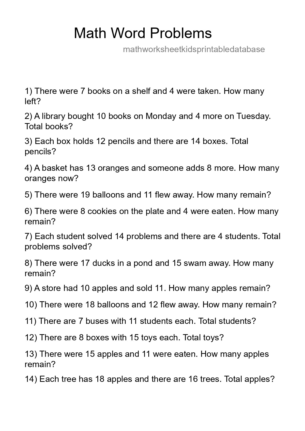 Math Word Problem Worksheet