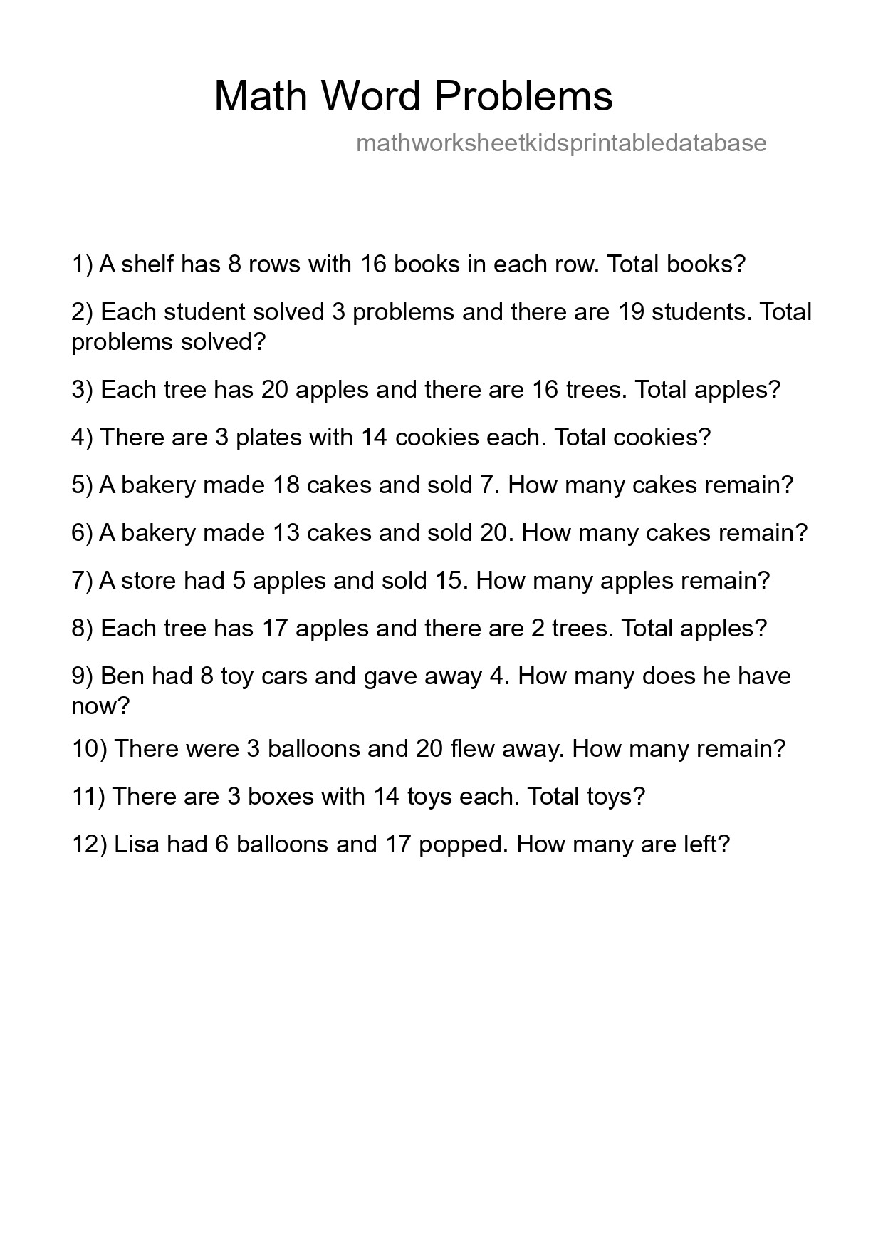 Math Word Problem Worksheet