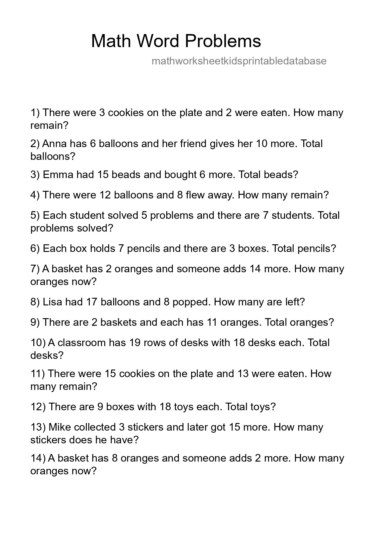 Math Word Problem Worksheet