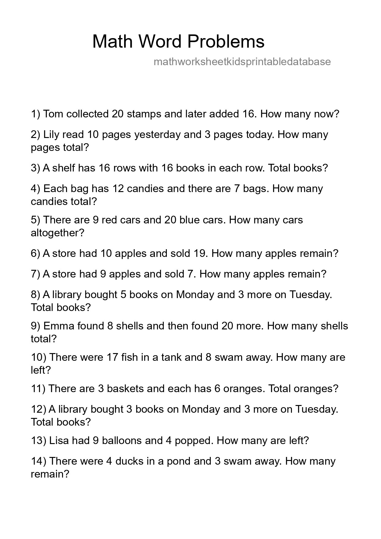 Math Word Problem Worksheet