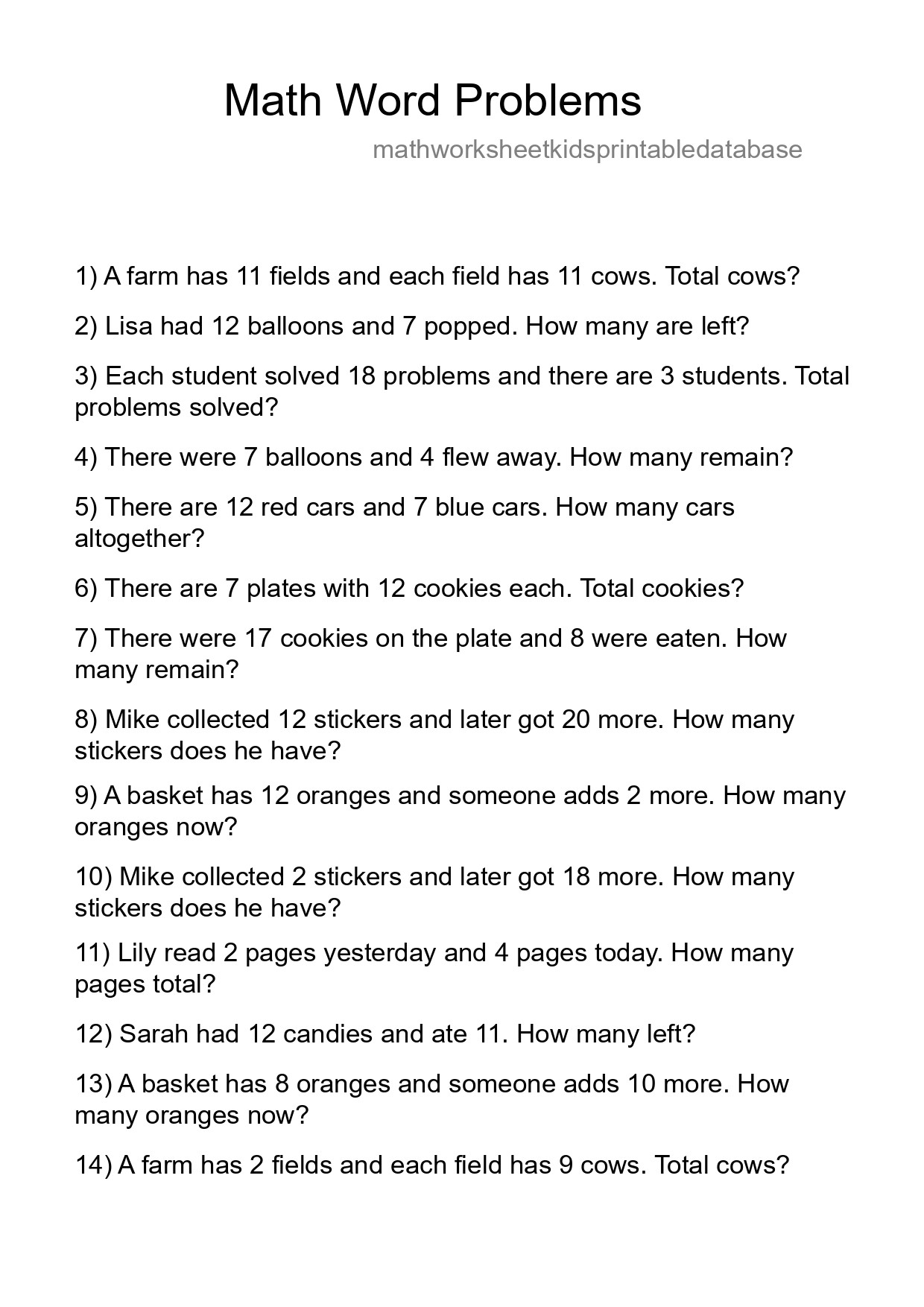 Math Word Problem Worksheet