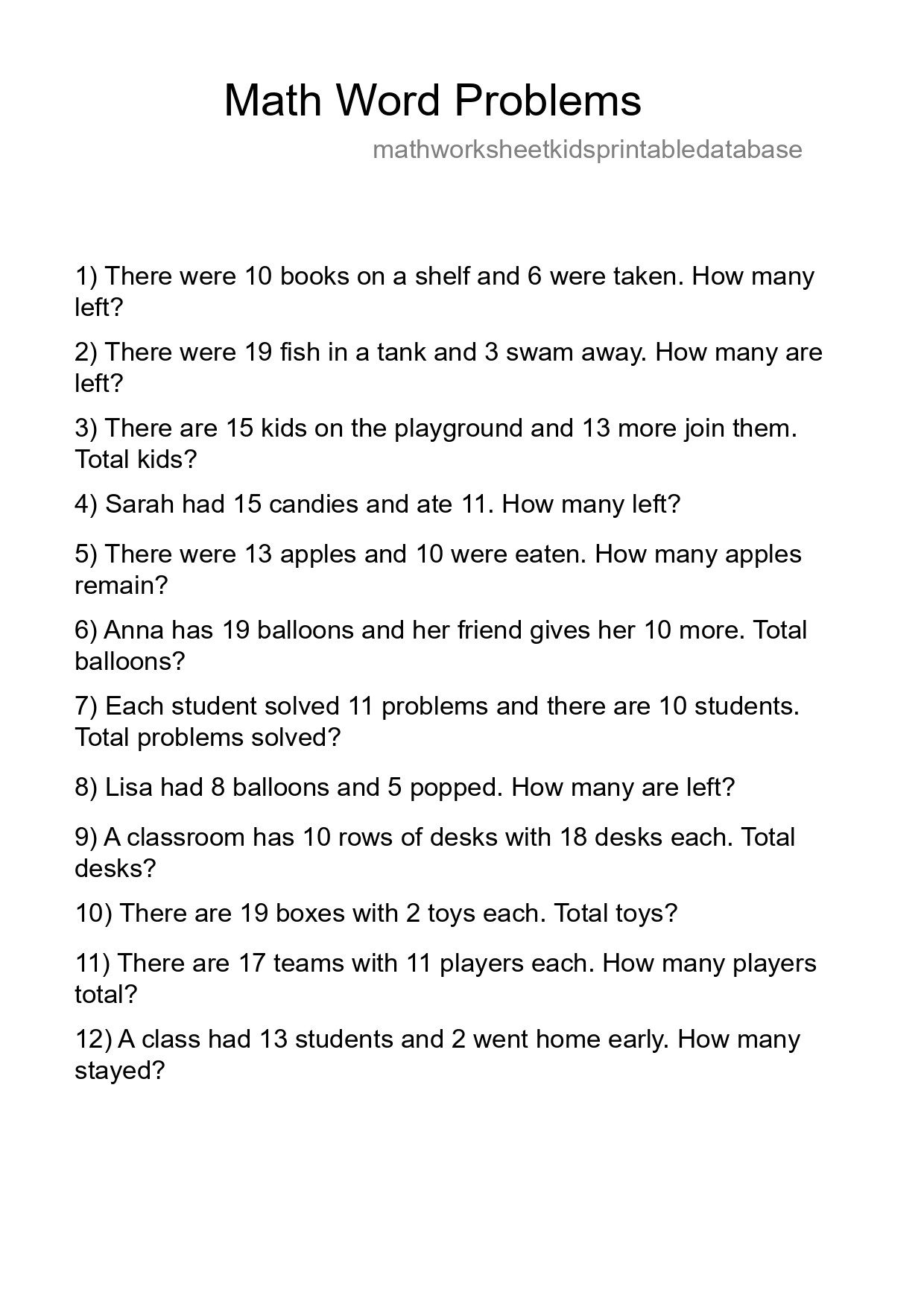 Math Word Problem Worksheet
