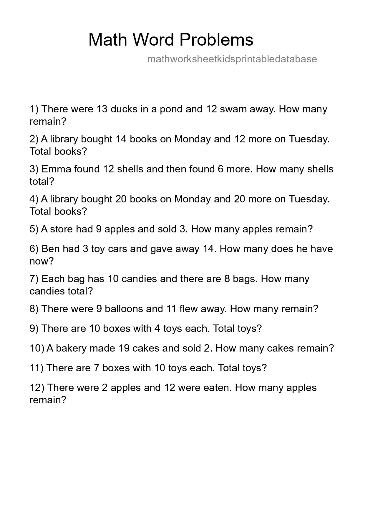 Math Word Problem Worksheet